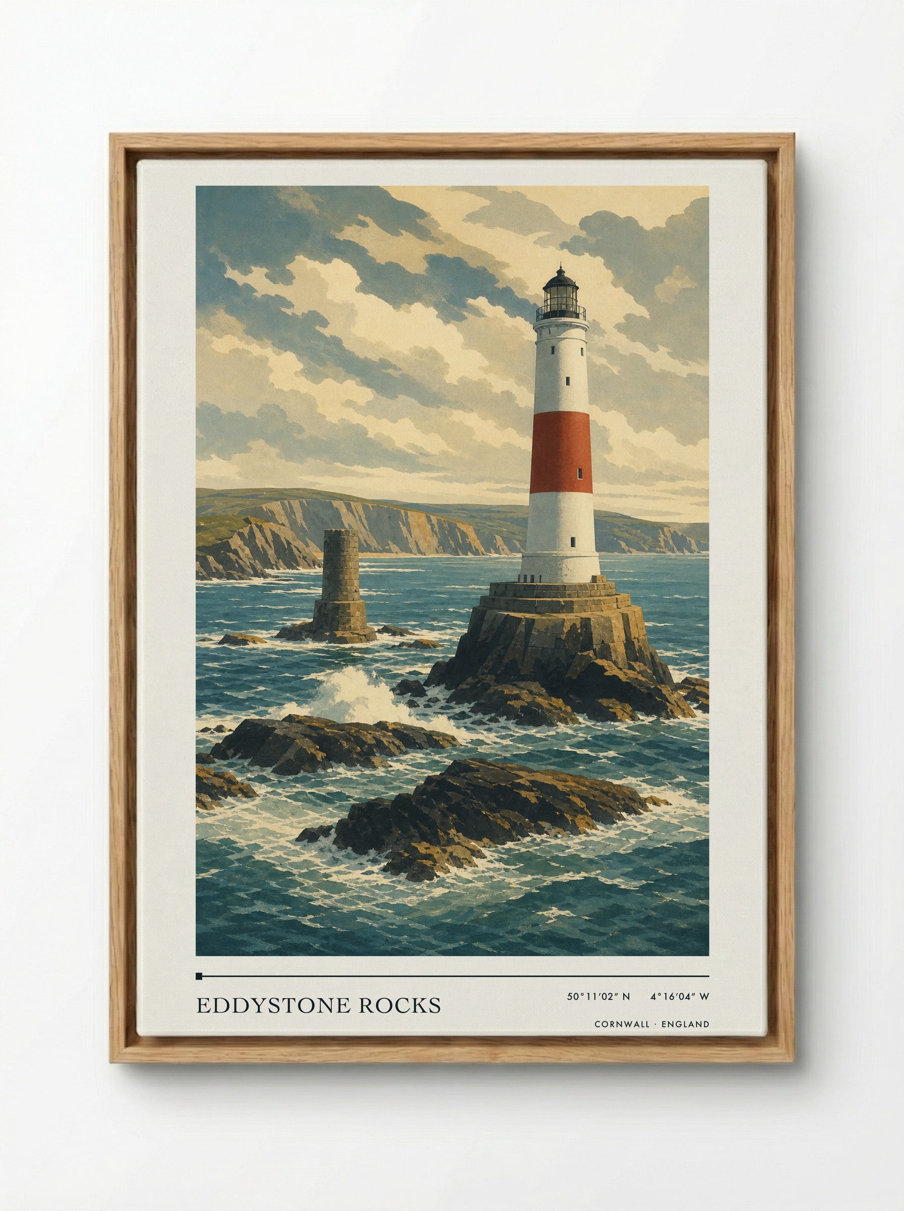 Eddystone Rocks Cornwall England Travel Poster - Framed Canvas Wood