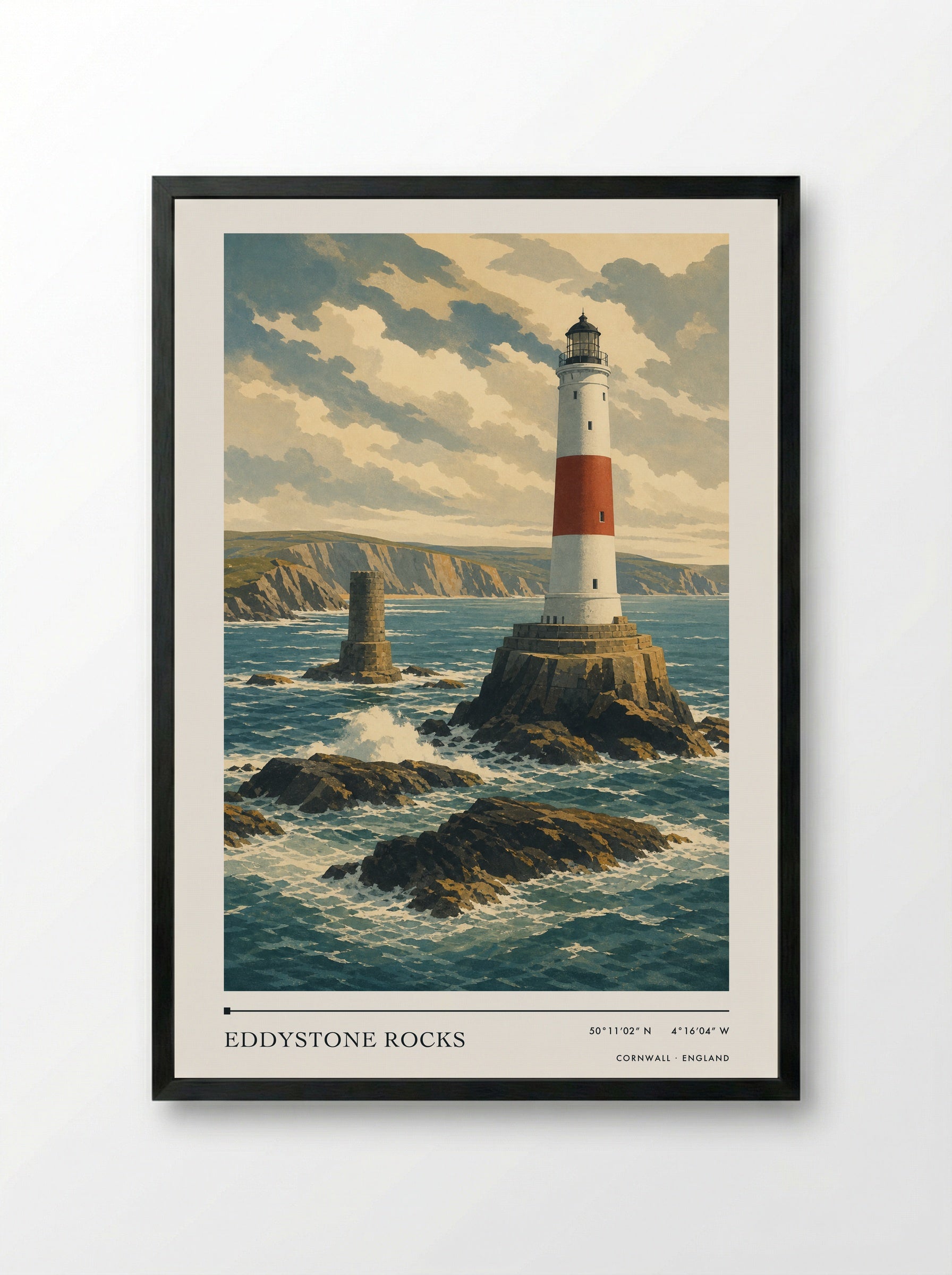 Eddystone Rocks Cornwall England Travel Poster - Framed Print Black