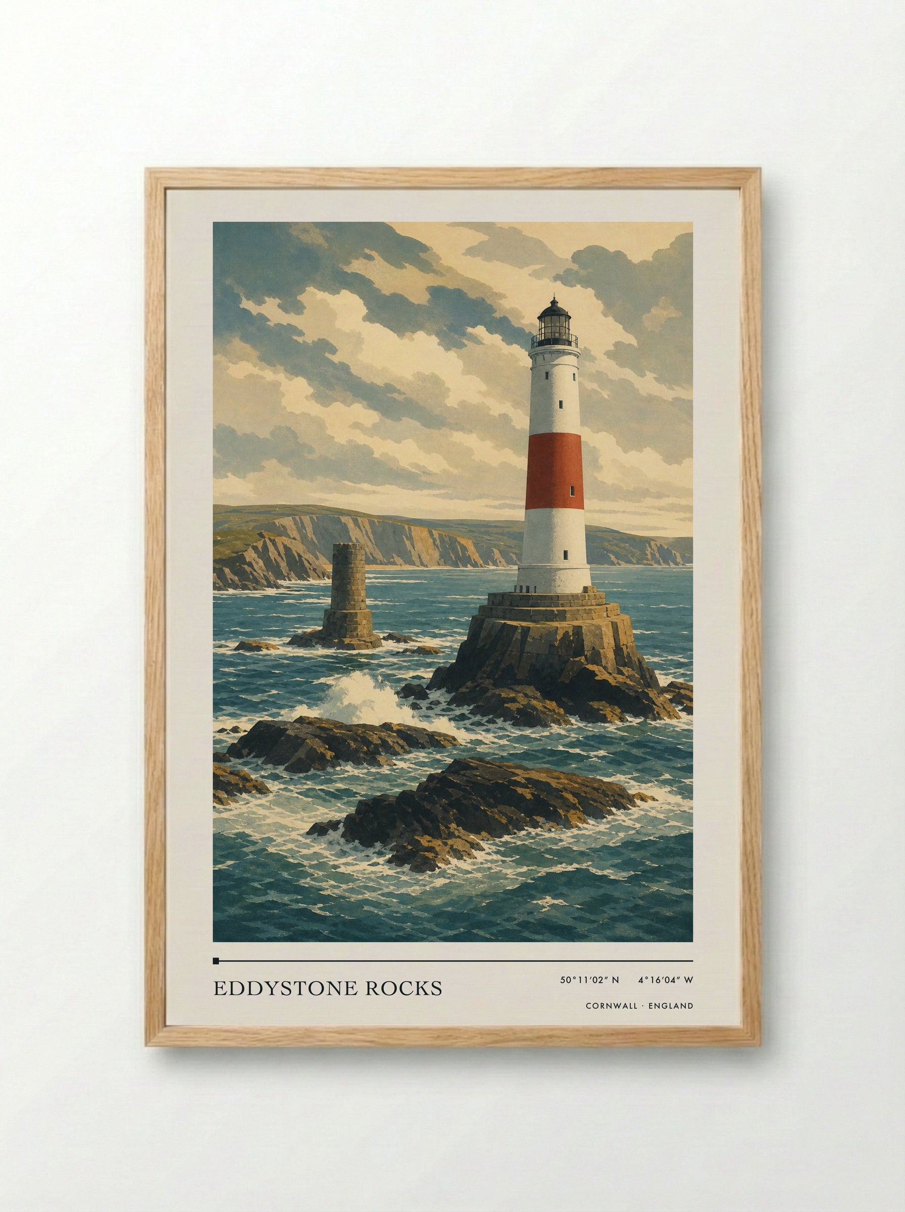 Eddystone Rocks Cornwall England Travel Poster - Framed Print Wood