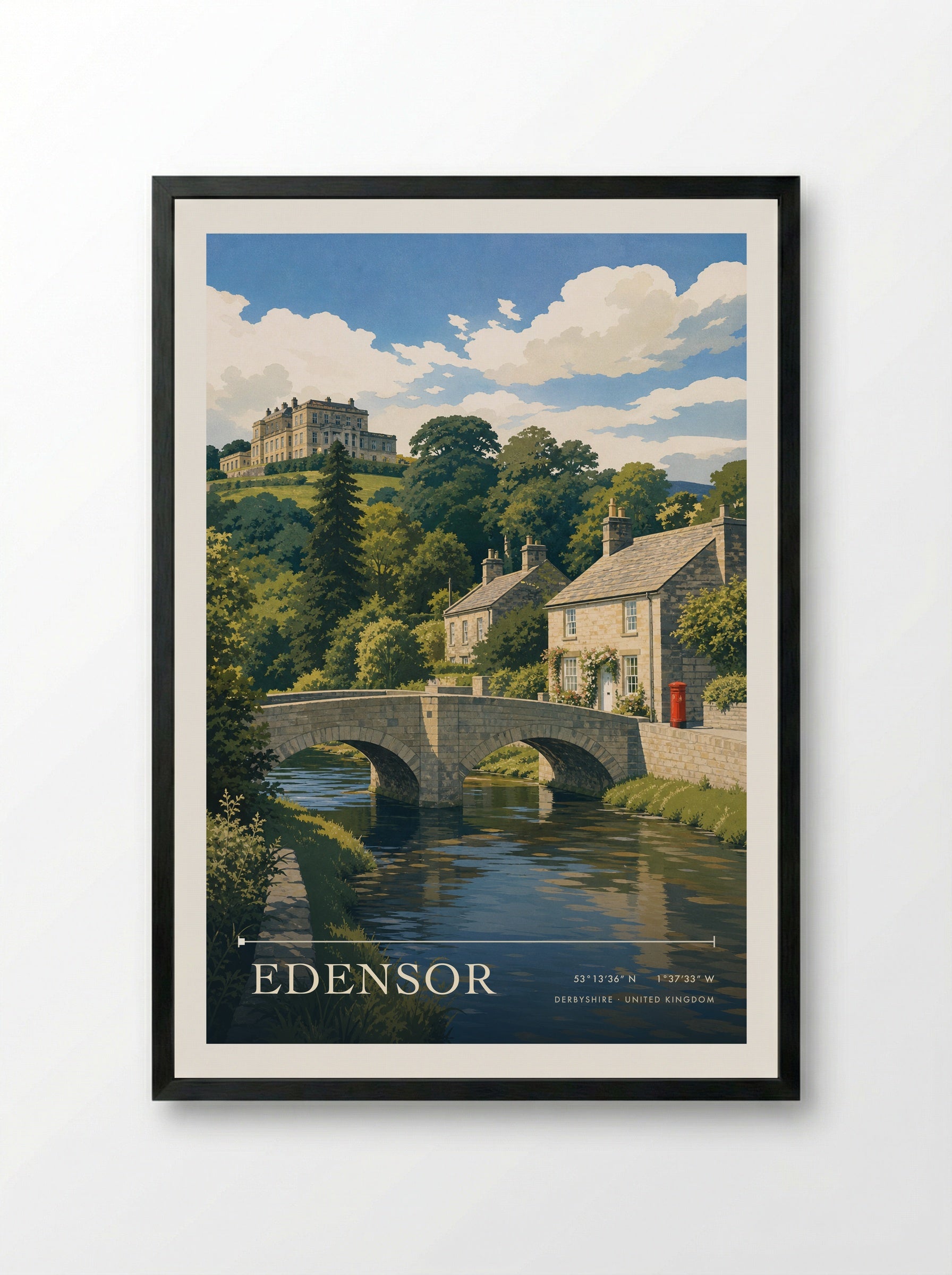 Edensor Derbyshire United Kingdom Travel Poster - Framed Print Black