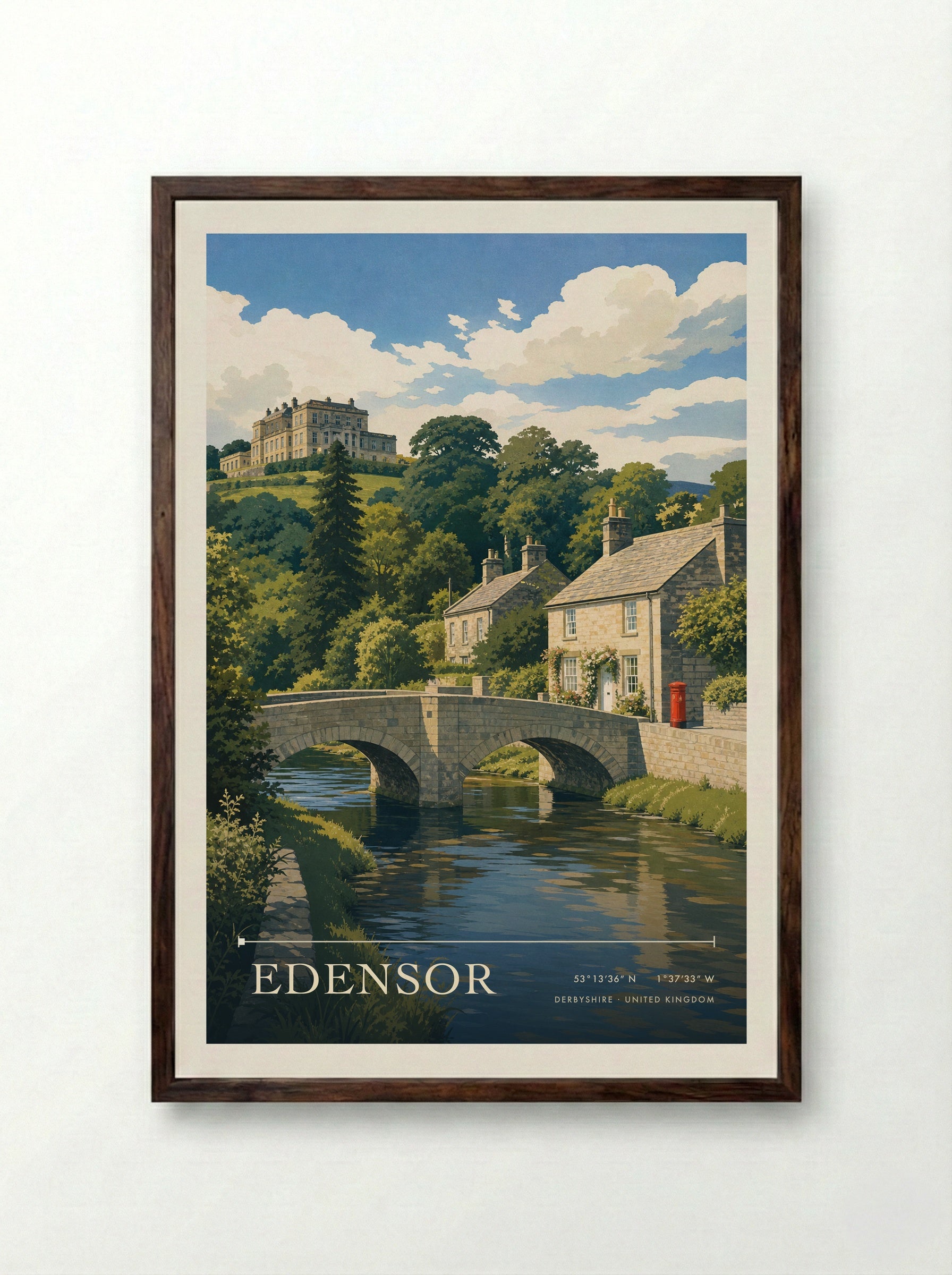 Edensor Derbyshire United Kingdom Travel Poster - Framed Print Dark Wood