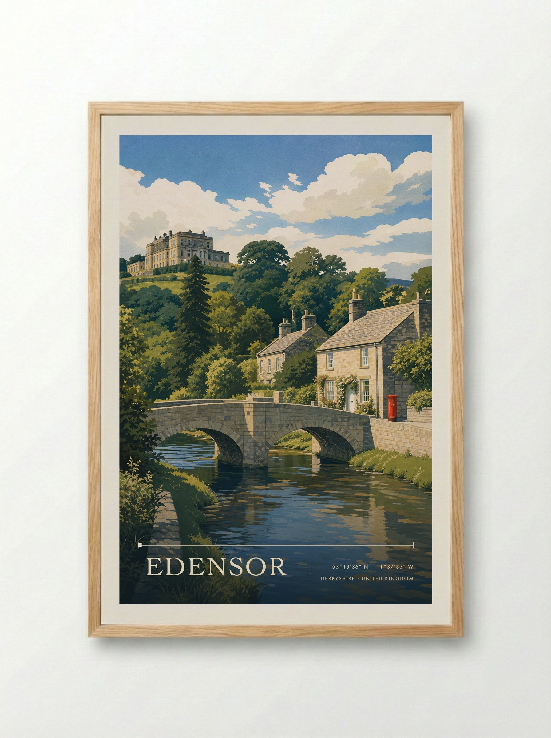 Edensor Derbyshire United Kingdom Travel Poster - Framed Print Wood