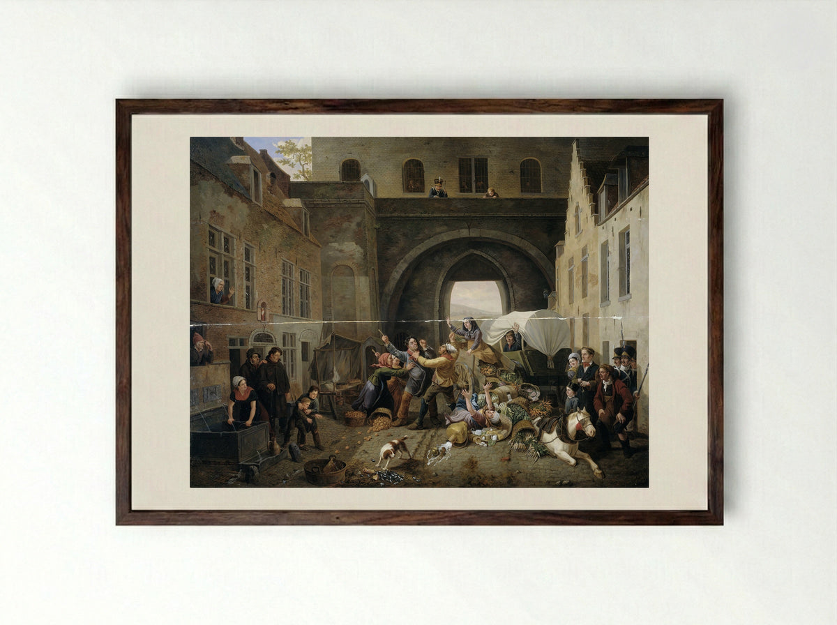 Een aanrijding bij de Hallepoort te Brussel - Constantinus Fidelio Coene - Framed Print Dark Wood