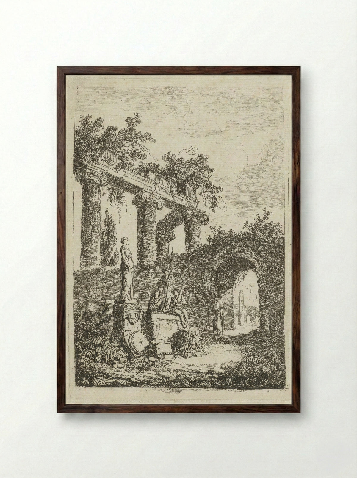 Een beeld voor een ruïne - Hubert Robert - Framed Print Dark Wood