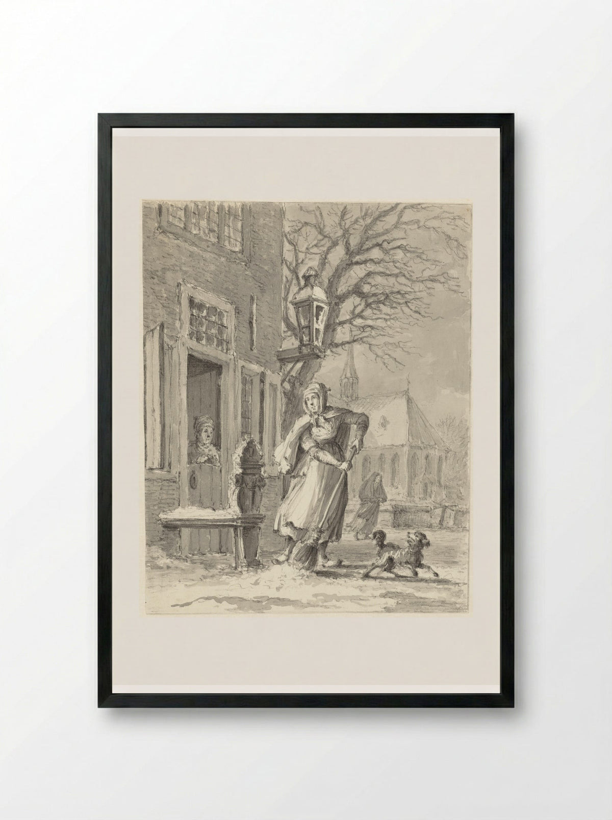 Een dienstmeid ruimt sneeuw voor een huis - Johannes Jelgerhuis - Framed Print Black