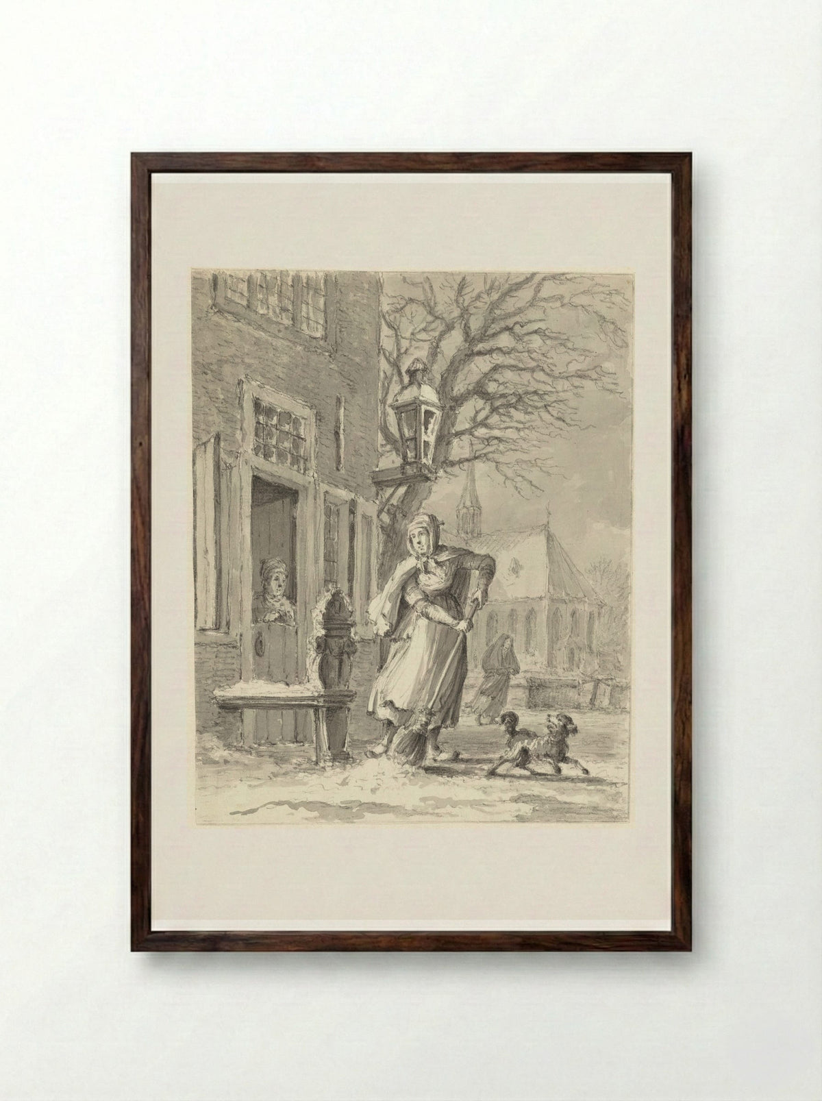 Een dienstmeid ruimt sneeuw voor een huis - Johannes Jelgerhuis - Framed Print Dark Wood