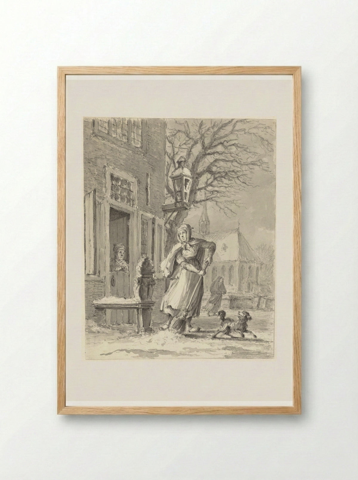 Een dienstmeid ruimt sneeuw voor een huis - Johannes Jelgerhuis - Framed Print Wood