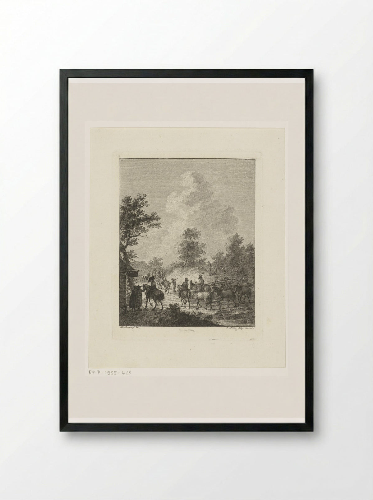 Een groep cavaleriepaarden bij een herberg - Joannes Bemme - Framed Print Black