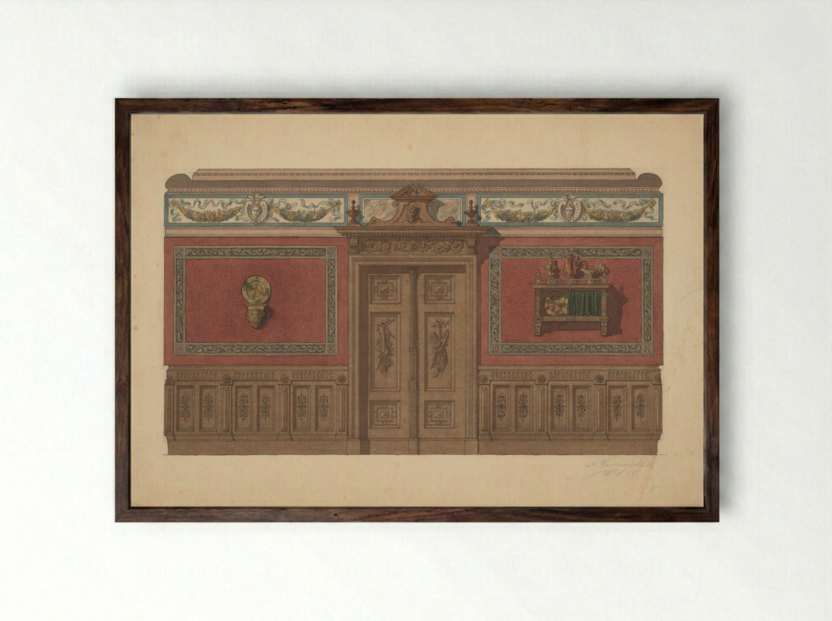 Een kamerwand in Renaissance-stijl, met een console en een wandrek - A. Warnemünde - Framed Print Dark Wood
