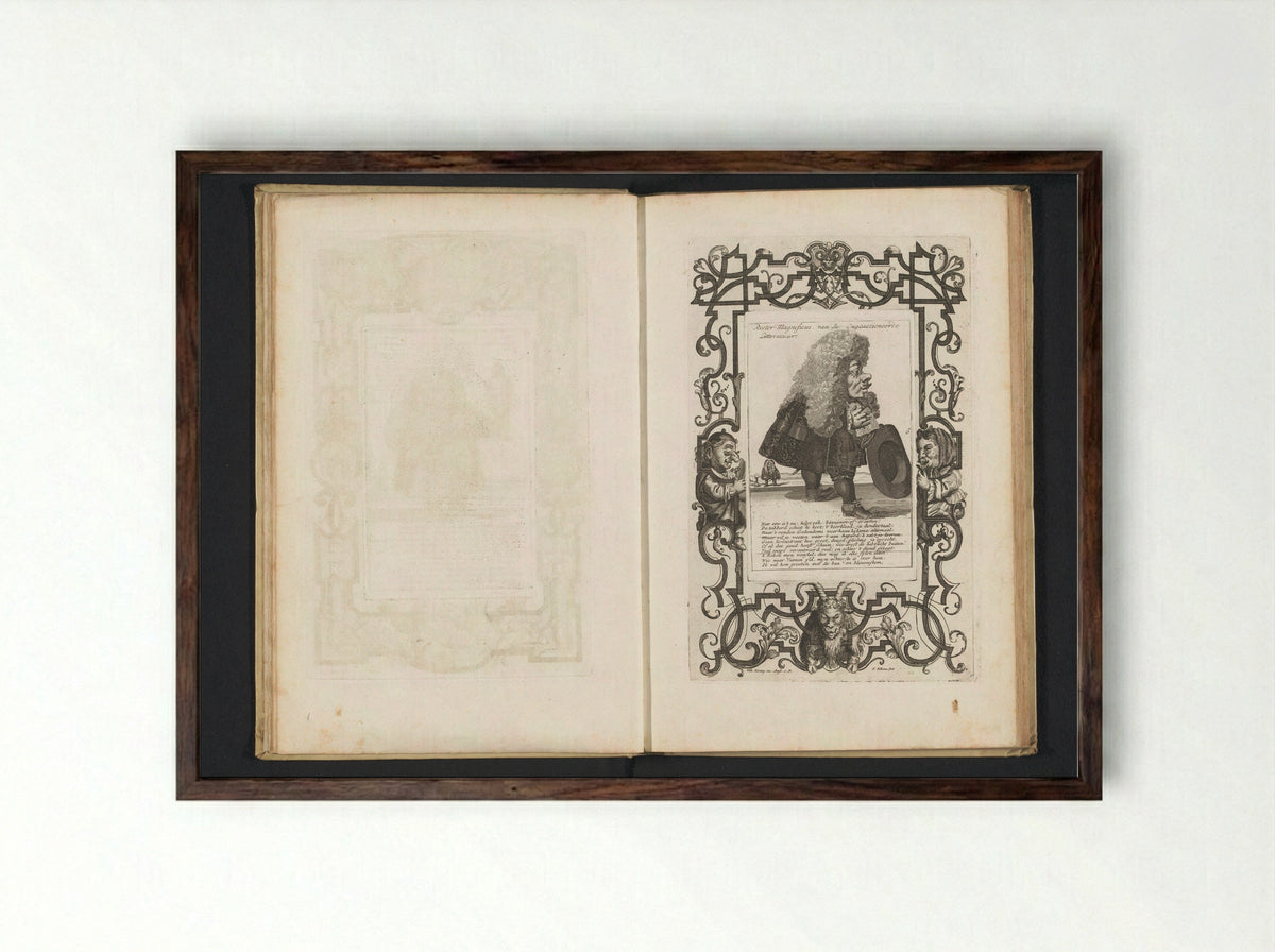 Een kleine mens met een grote pruik, de hoed in de hand - Andries van Buysen (Sr.) - Framed Print Dark Wood