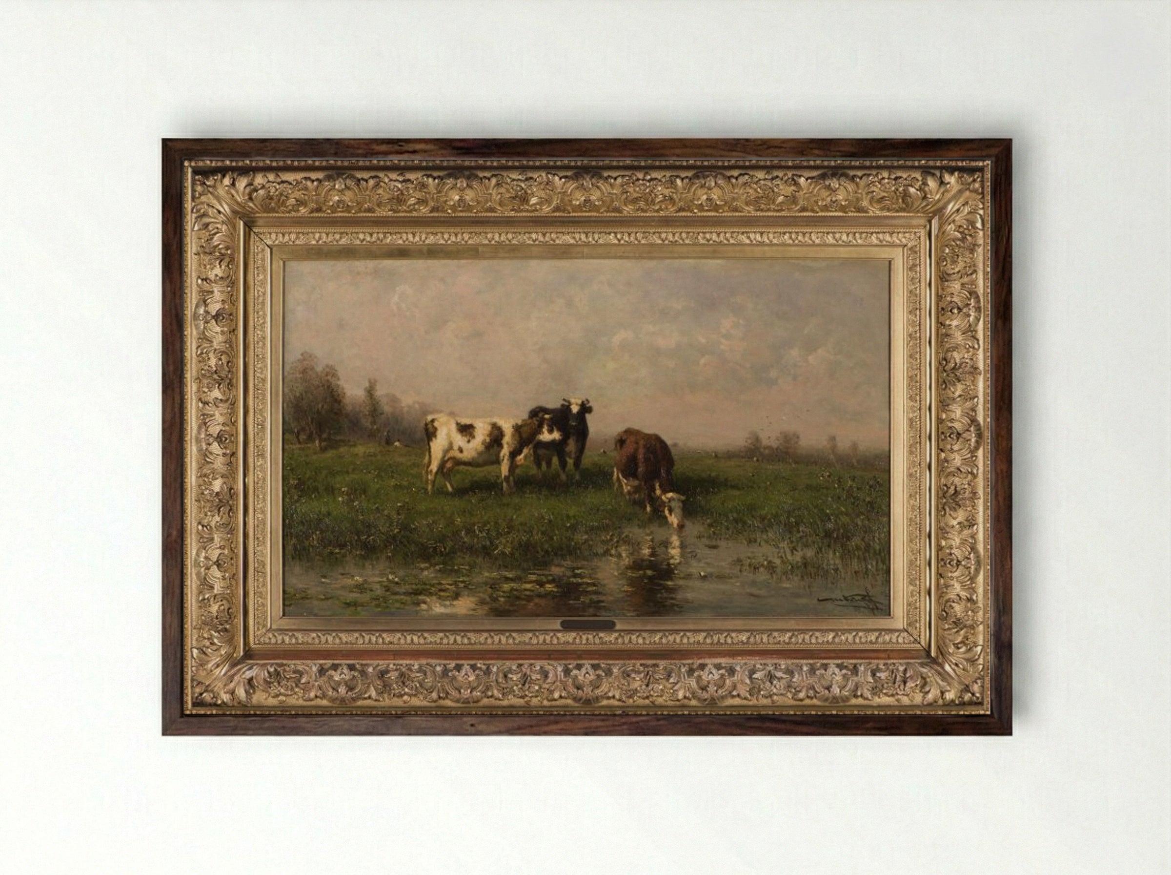 Een koe met haar kalf in een weide - Jan Vrolijk - Framed Print Dark Wood