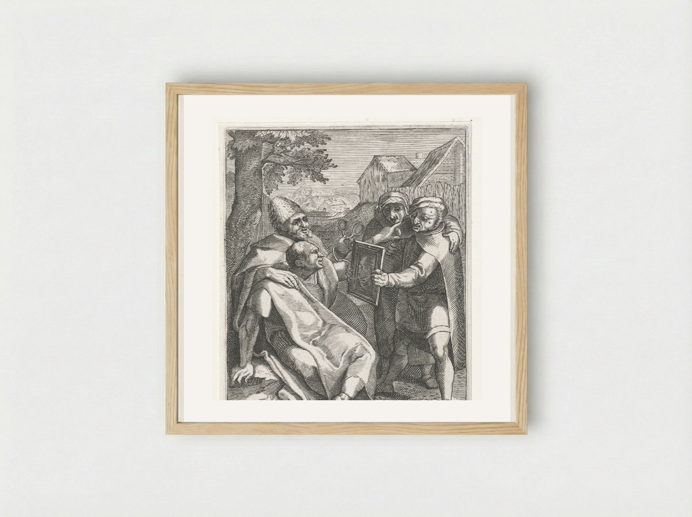 Een man wordt een spiegel voorgehouden (Beziet u zelve) - Johann Theodor de Bry - Framed Print Wood