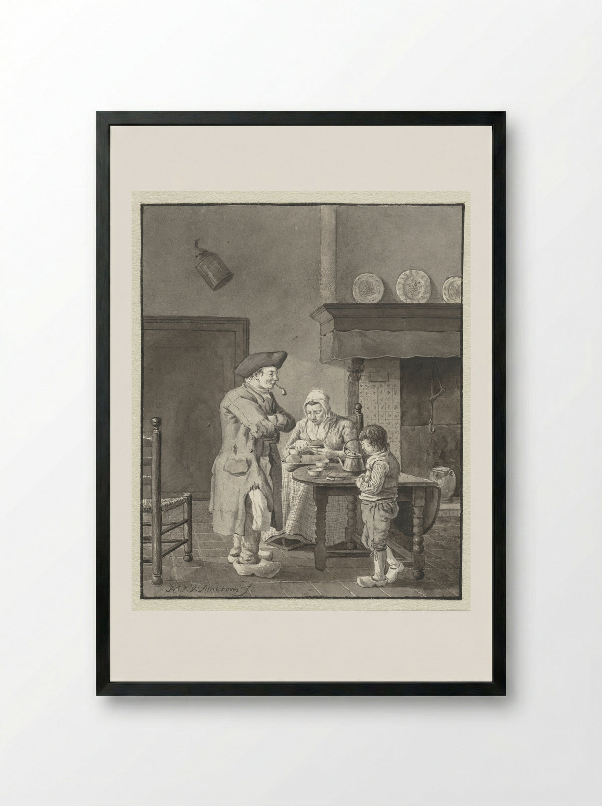 Een moeder snijdt brood voor haar man en zoon - Hendrik Jan van Amerom - Framed Print Black