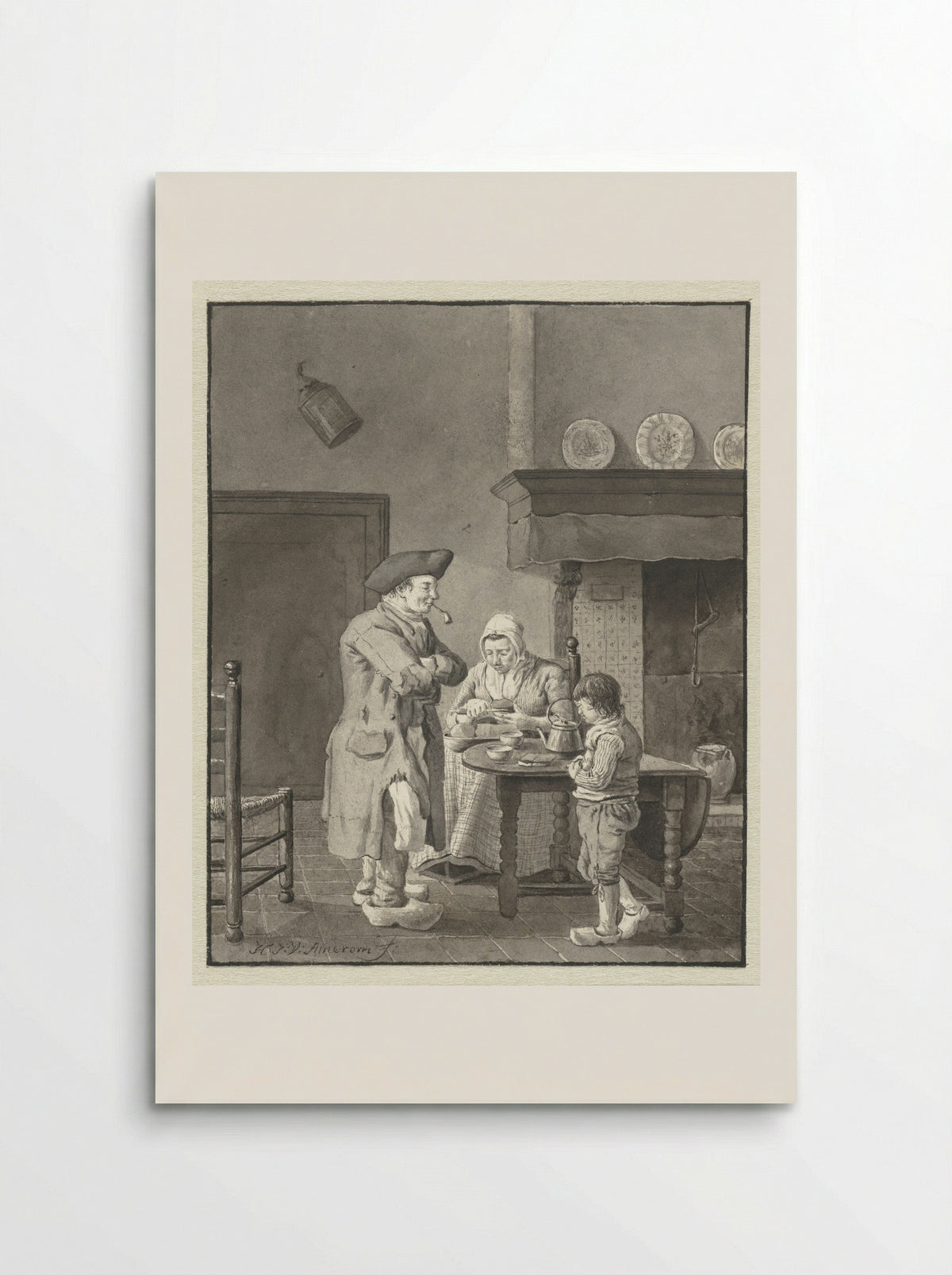 Een moeder snijdt brood voor haar man en zoon - Hendrik Jan van Amerom - Poster