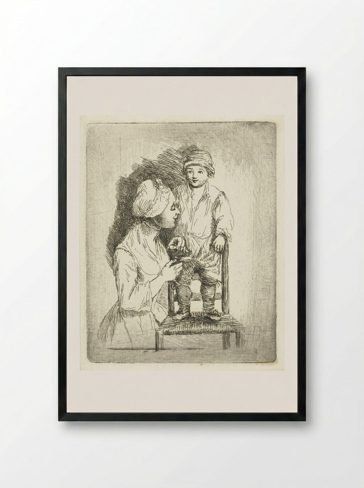 Een moeder zet een knoop aan de broek van haar zoon - Louis Bernard Coclers - Framed Print Black