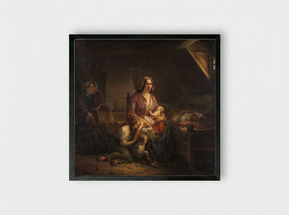 Een rijke dame bezoekt een arm huisgezin - Gerardus Terlaak - Framed Print Black