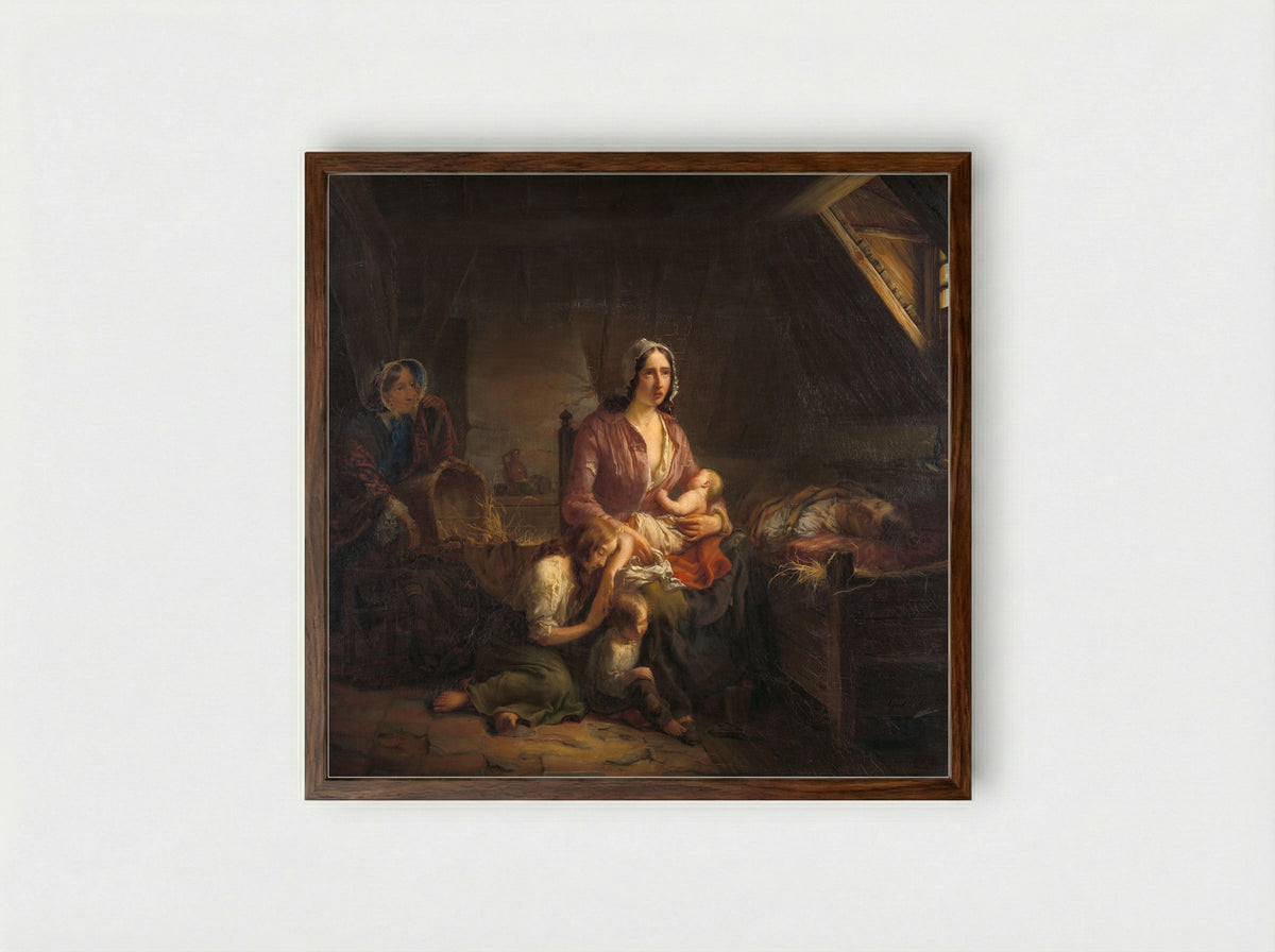 Een rijke dame bezoekt een arm huisgezin - Gerardus Terlaak - Framed Print Dark Wood