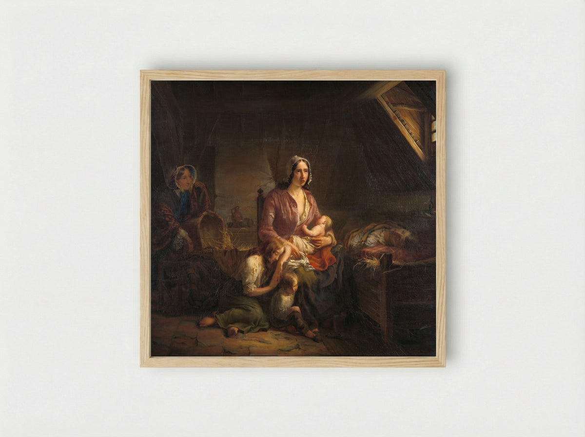Een rijke dame bezoekt een arm huisgezin - Gerardus Terlaak - Framed Print Wood