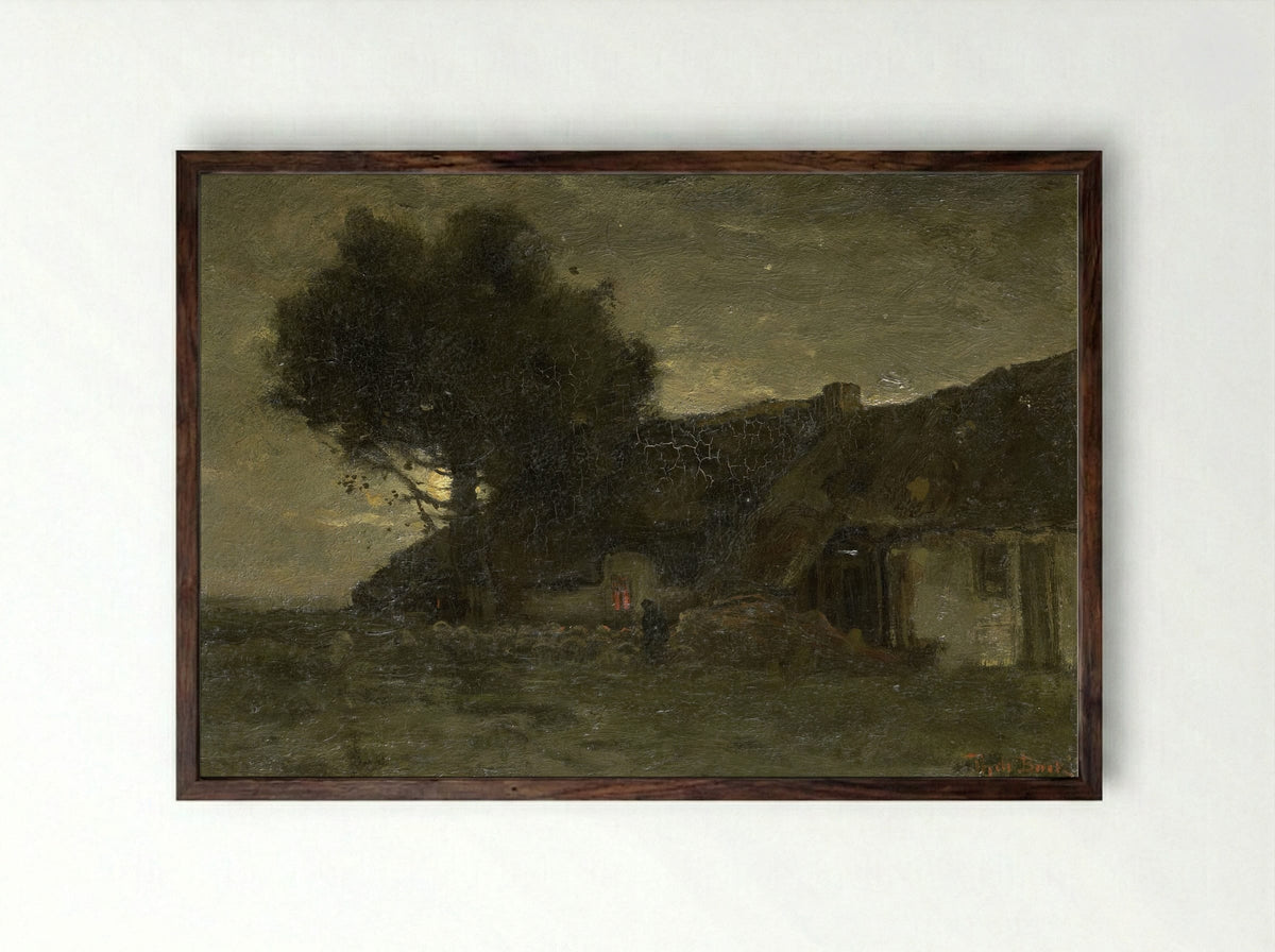 Een schaapskooi bij avondlicht - Théophile de Bock - Framed Print Dark Wood