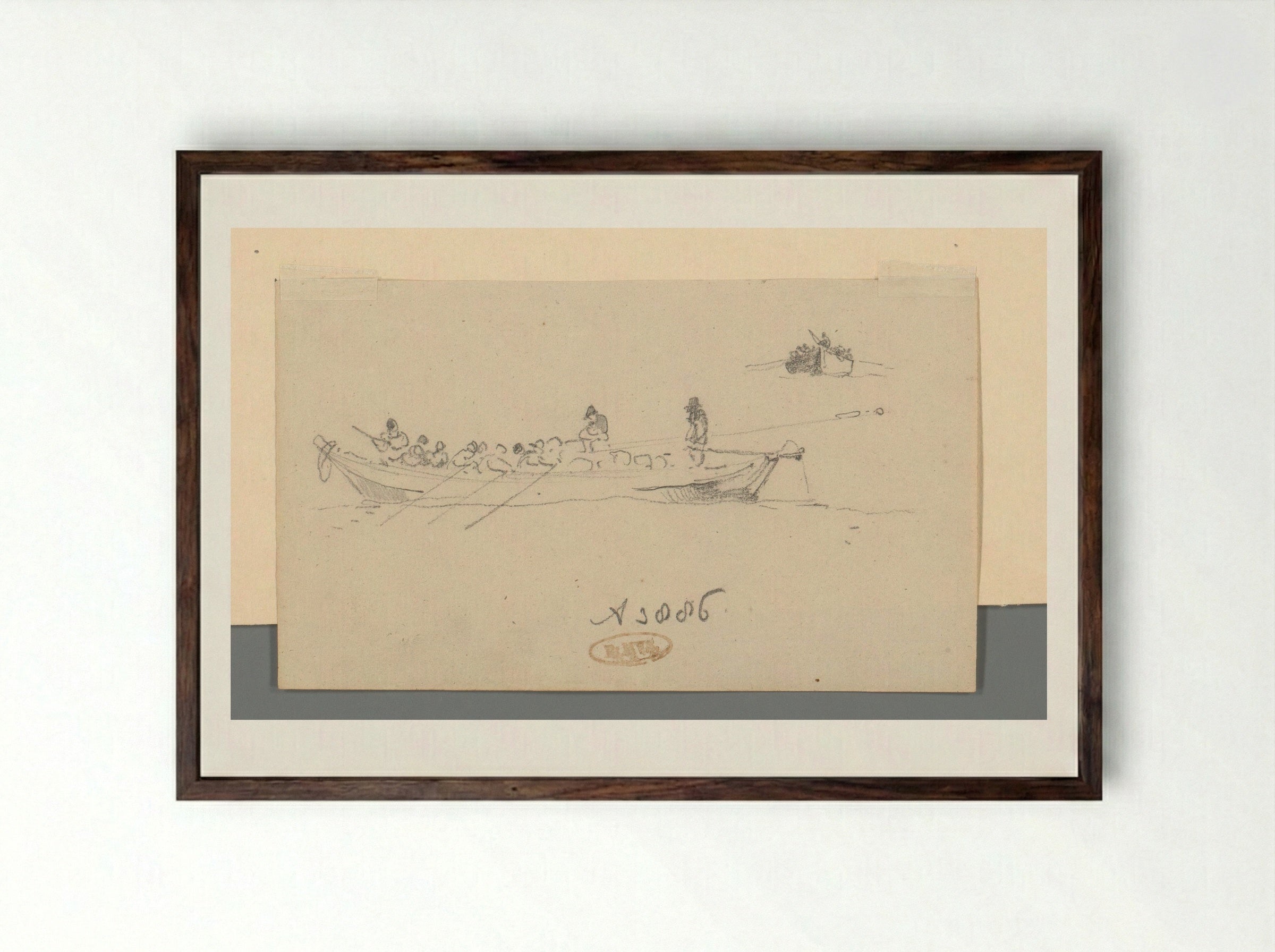 Een sloep met drie roeiers - Willem Anthonie van Deventer - Framed Print Dark Wood
