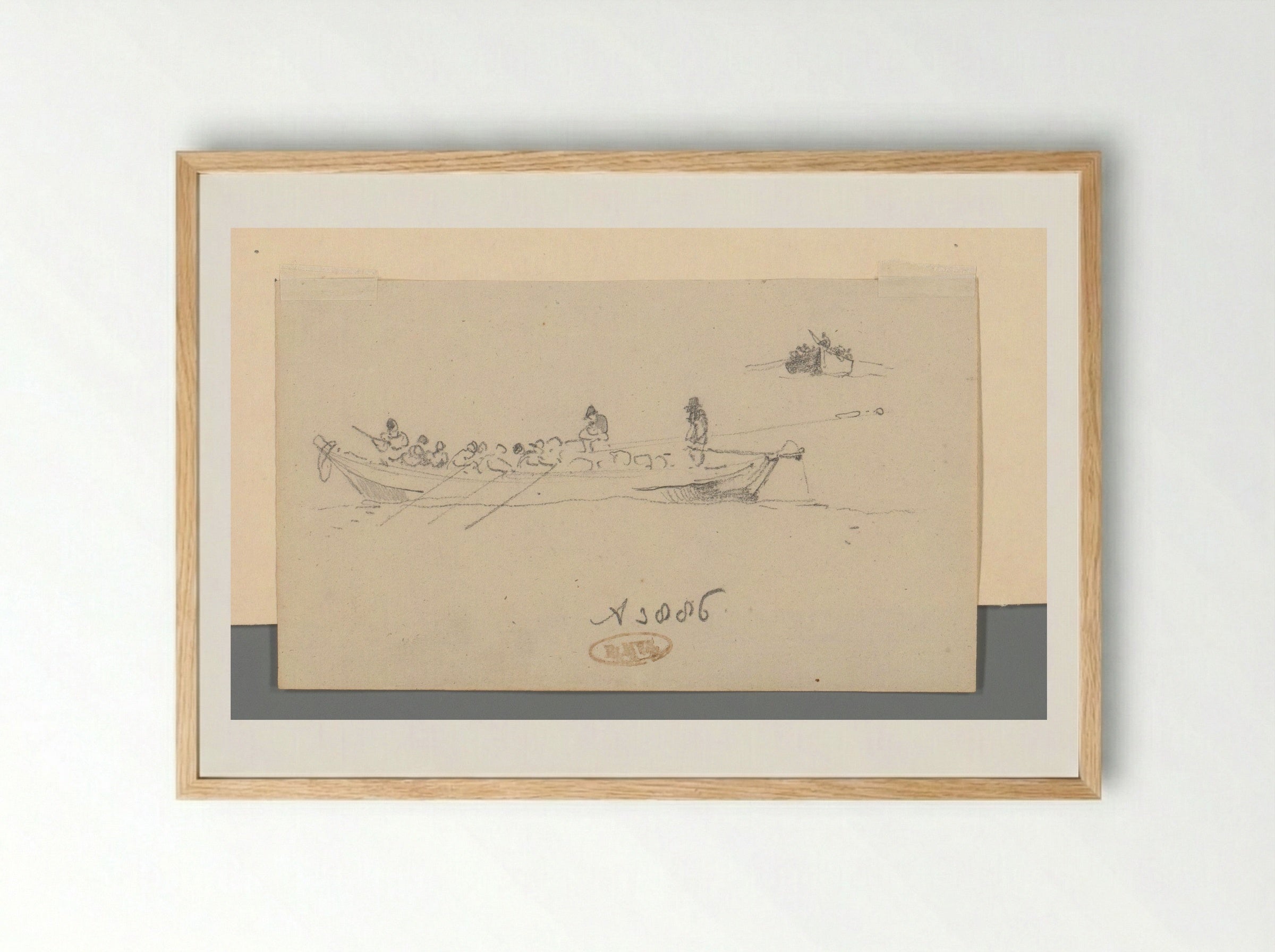 Een sloep met drie roeiers - Willem Anthonie van Deventer - Framed Print Wood
