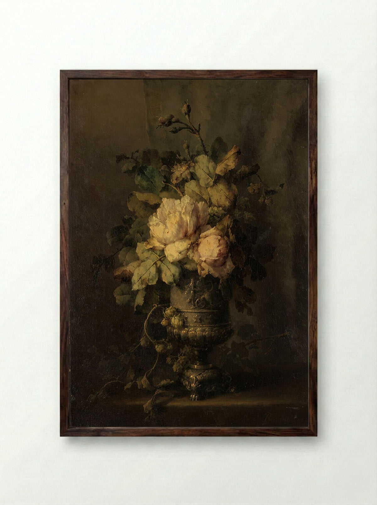Een vaas met rozen (A Vase with Roses) - Margaretha Roosenboom - Framed Print Dark Wood
