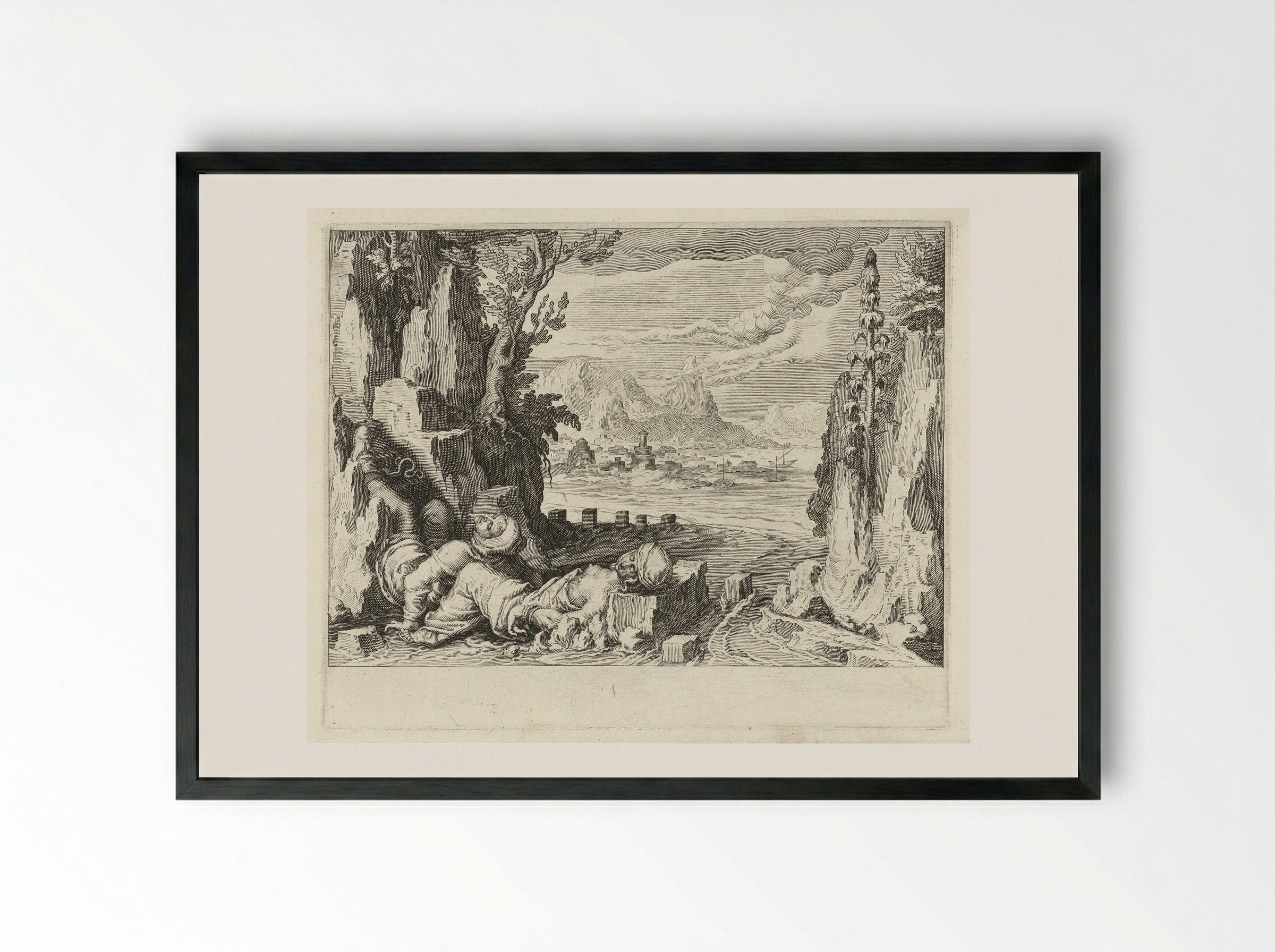 Een vissersvrouw verdrinkt zich samen met haar ongeneeslijk zieke man in zee - Zacharias Dolendo - Framed Print Black