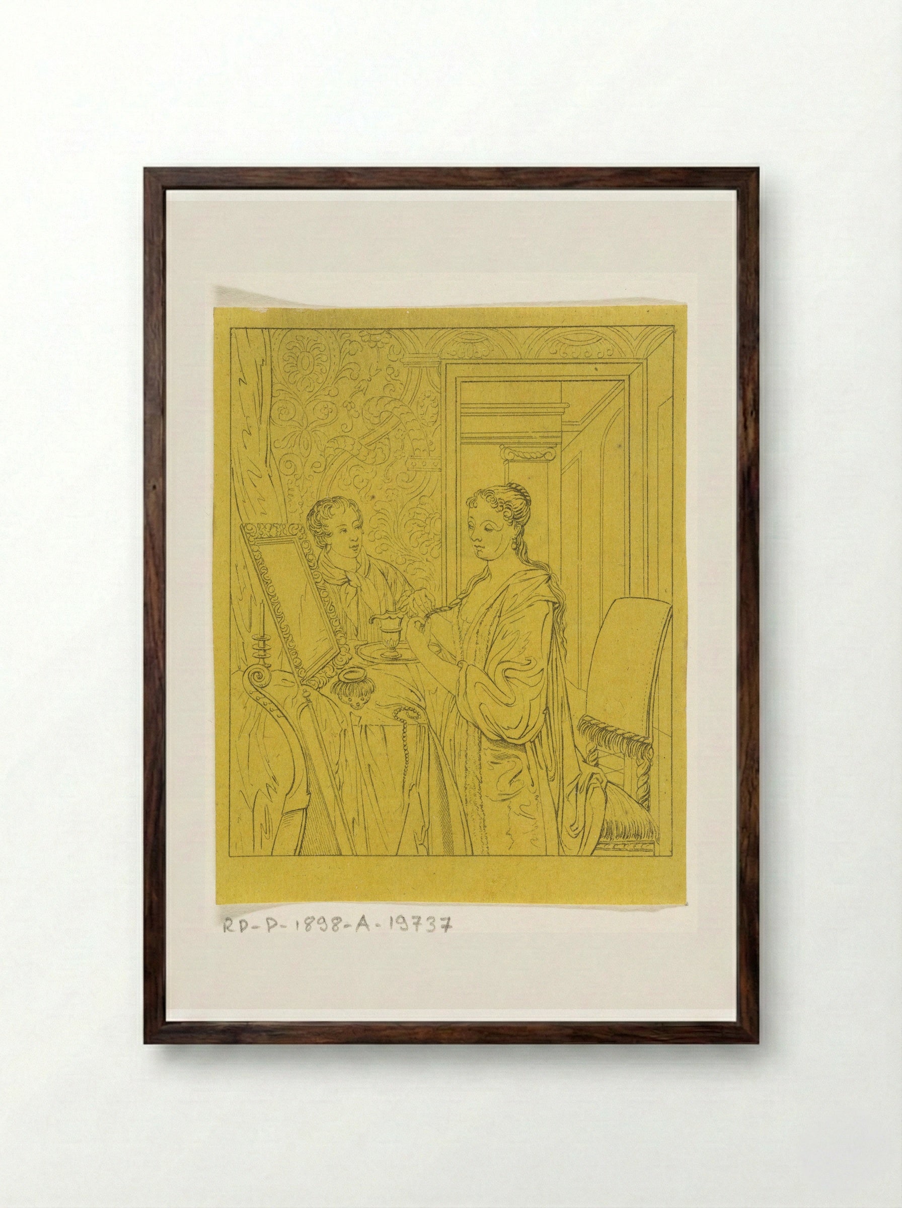 Een vrouw bij haar toilet - Joannes Bemme - Framed Print Dark Wood