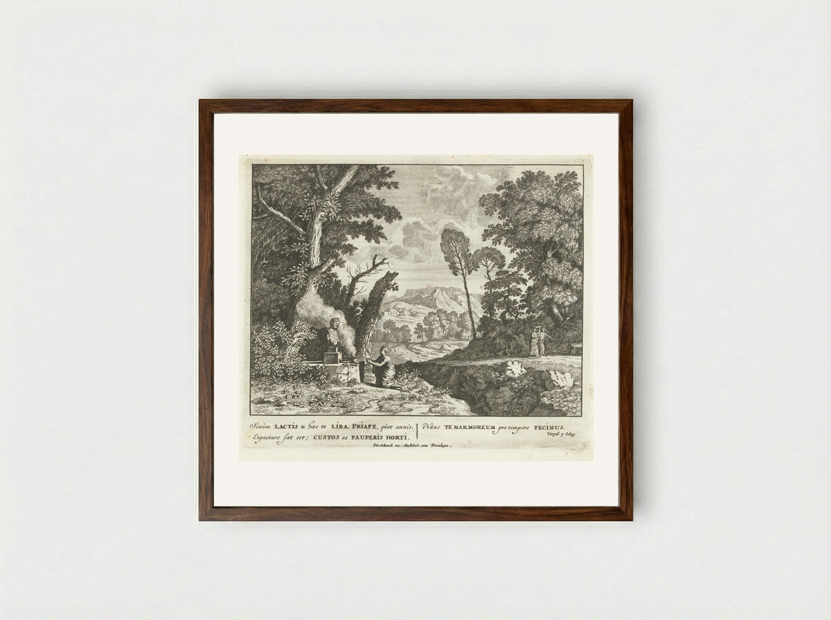 Een vrouw brengt een offer aan Priapus - Jan van Call (I) - Framed Print Dark Wood