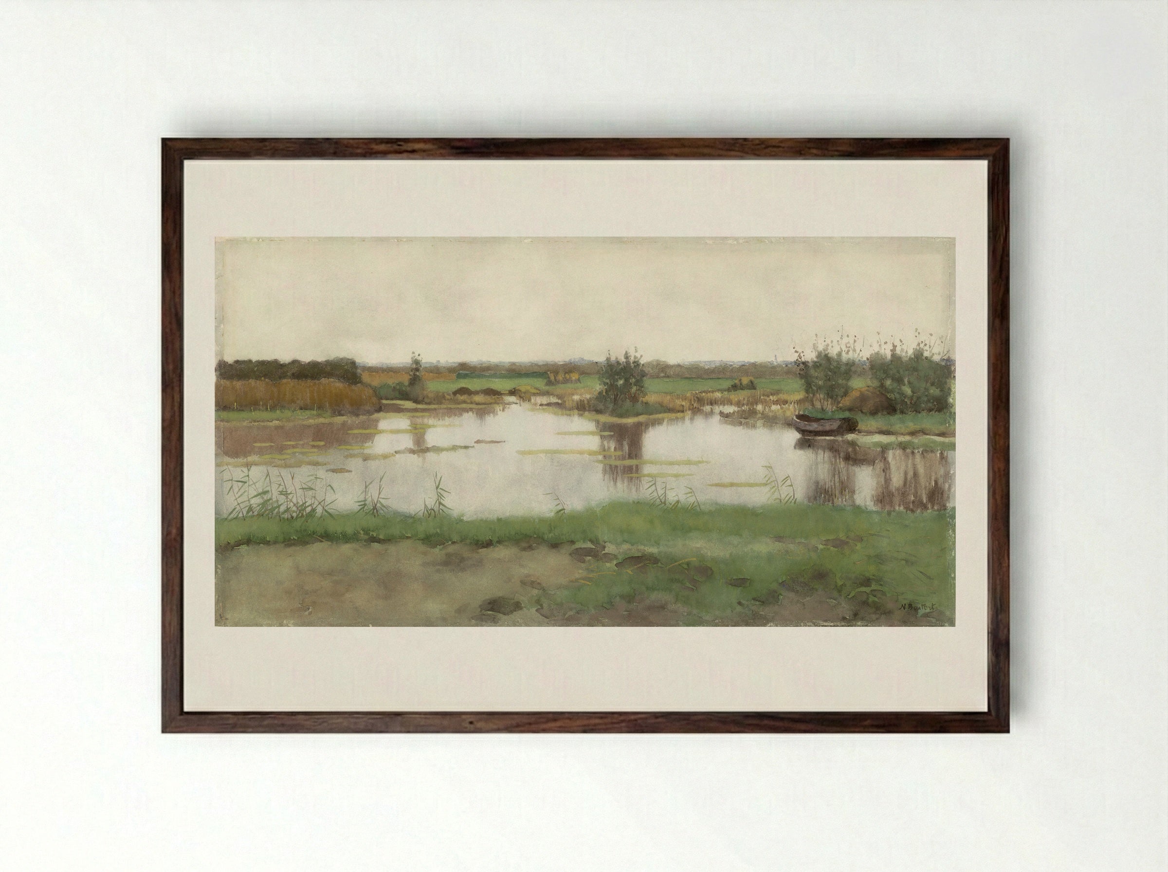 Een waterplas in een weiland - Nicolaas Bastert - Framed Print Dark Wood