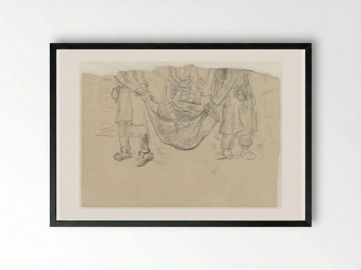 Een zieke wordt in een oud kleed naar het Revier gedragen - Aat Breur-Hibma - Framed Print Black