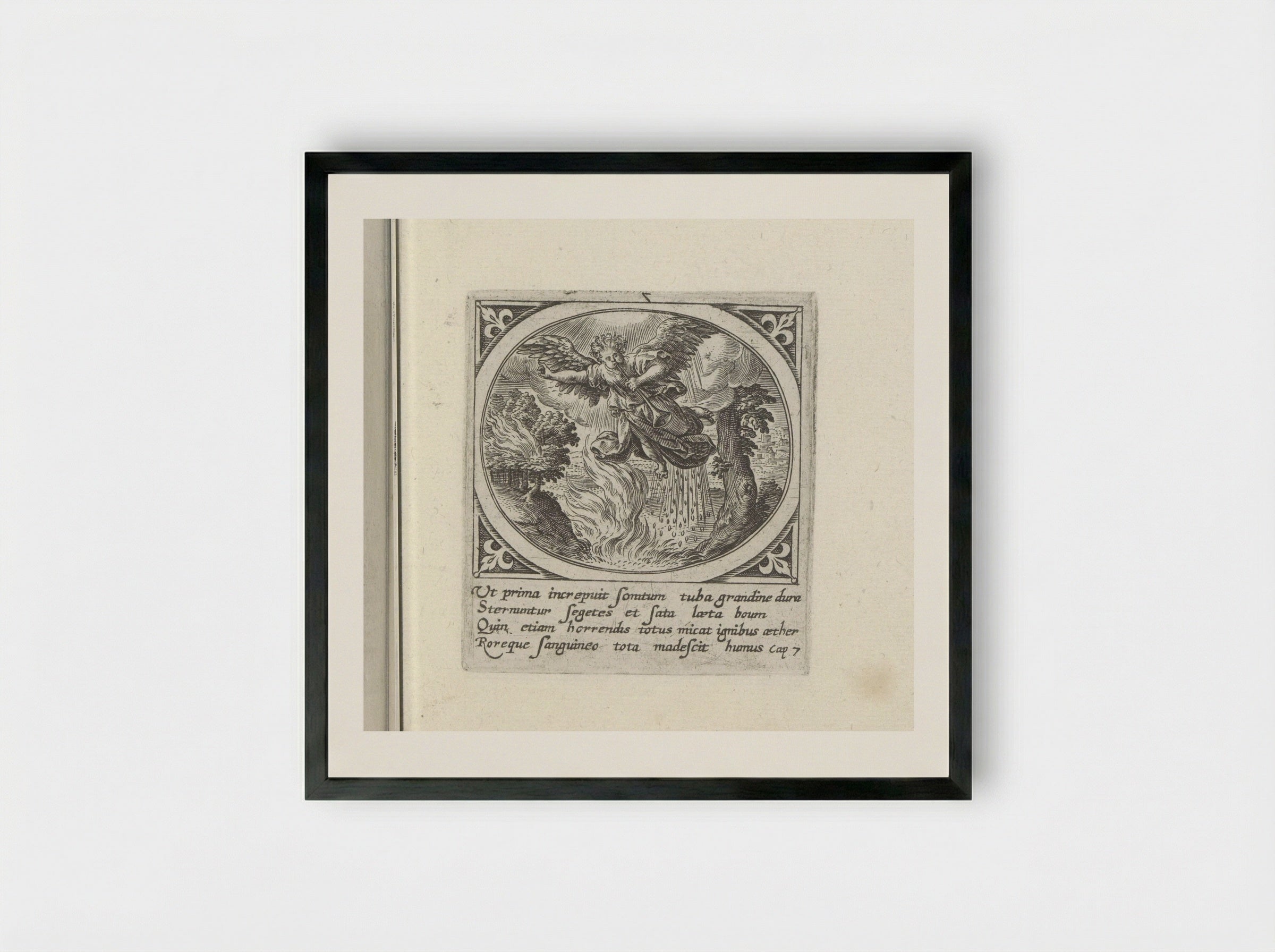 Eerste engel blaast op bazuin - Gerard de Jode - Framed Print Black