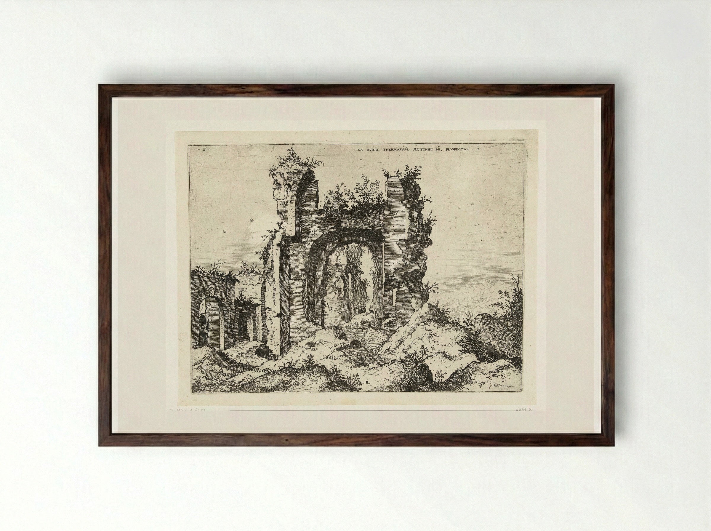 Eerste gezicht op de Thermen van Caracalla - Hieronymus Cock - Framed Print Dark Wood