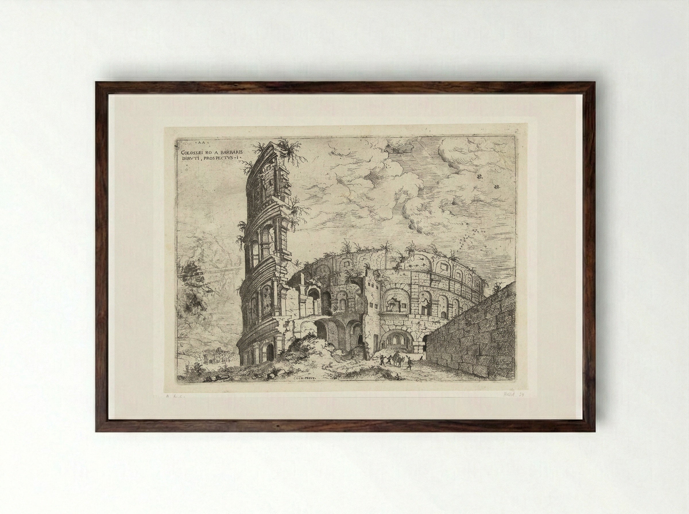 Eerste gezicht op het Colosseum te Rome - Hieronymus Cock - Framed Print Dark Wood