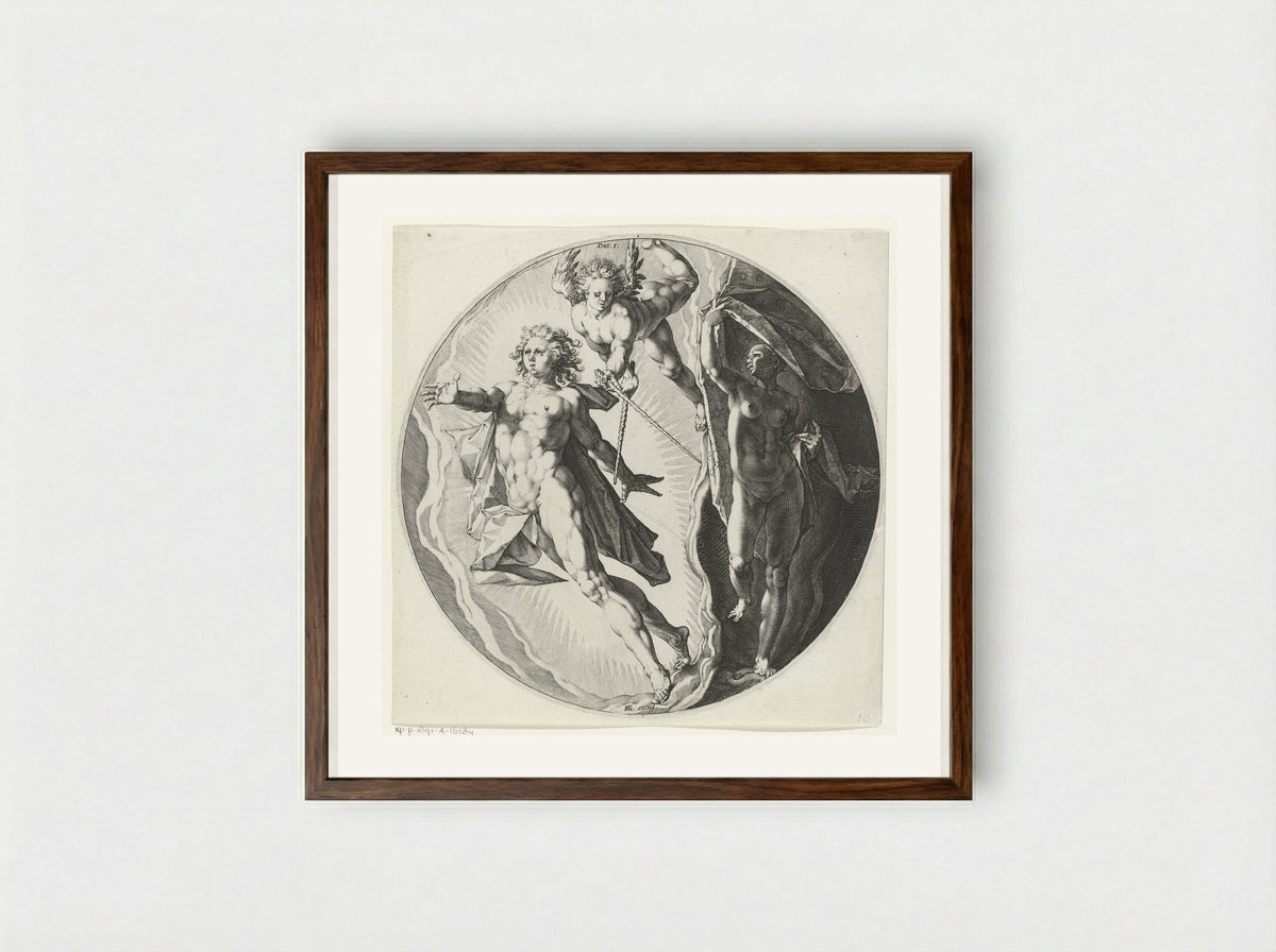 Eerste scheppingsdag: scheiding van licht en duisternis - Jan Harmensz. Muller - Framed Print Dark Wood