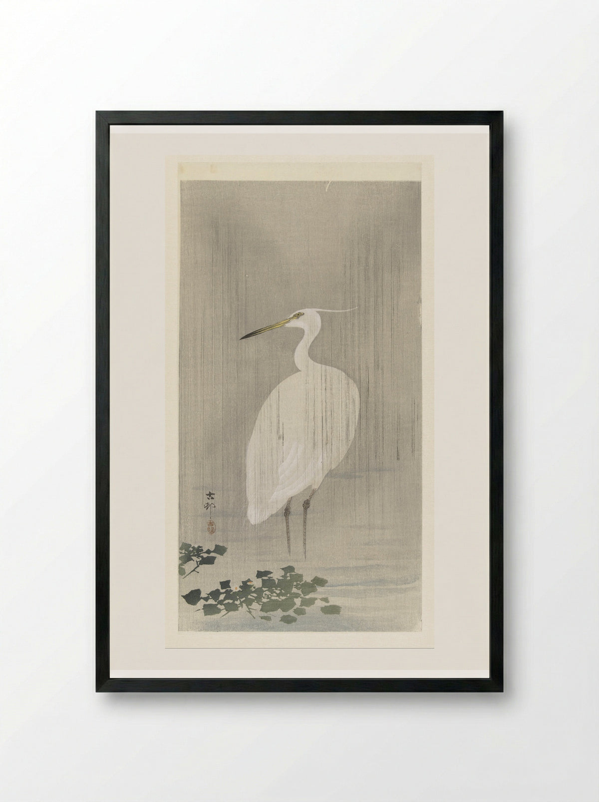 Egret in the Rain - Matsuki Heikichi - Framed Print Black