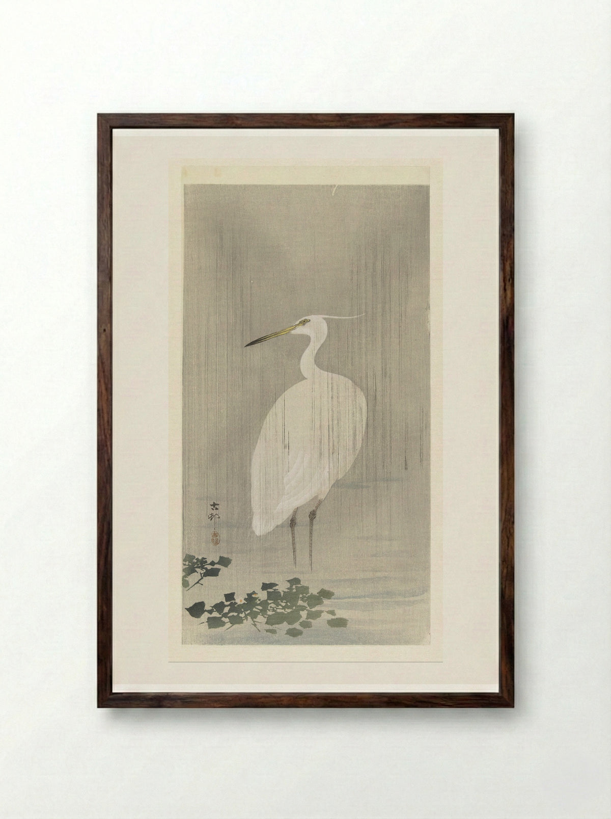 Egret in the Rain - Matsuki Heikichi - Framed Print Dark Wood