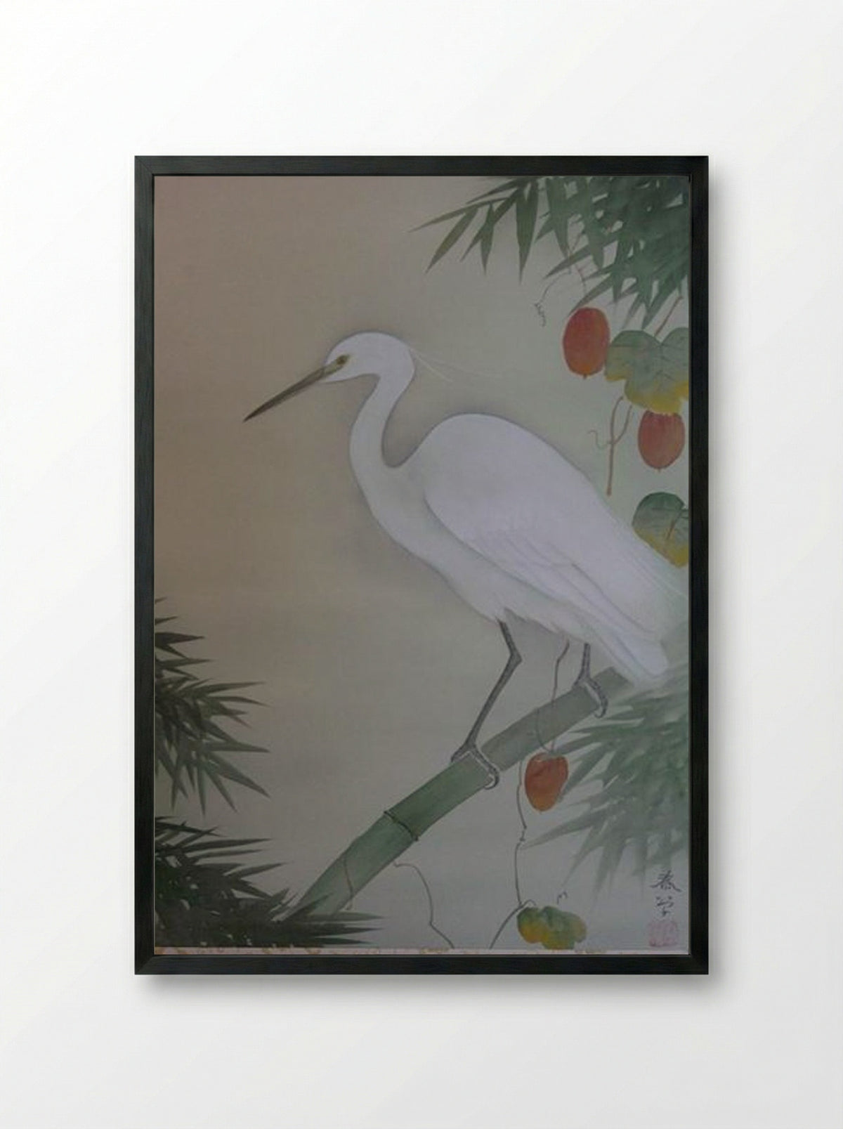 Egret on Bamboo Branch - Hishida Shunso - Framed Print Black