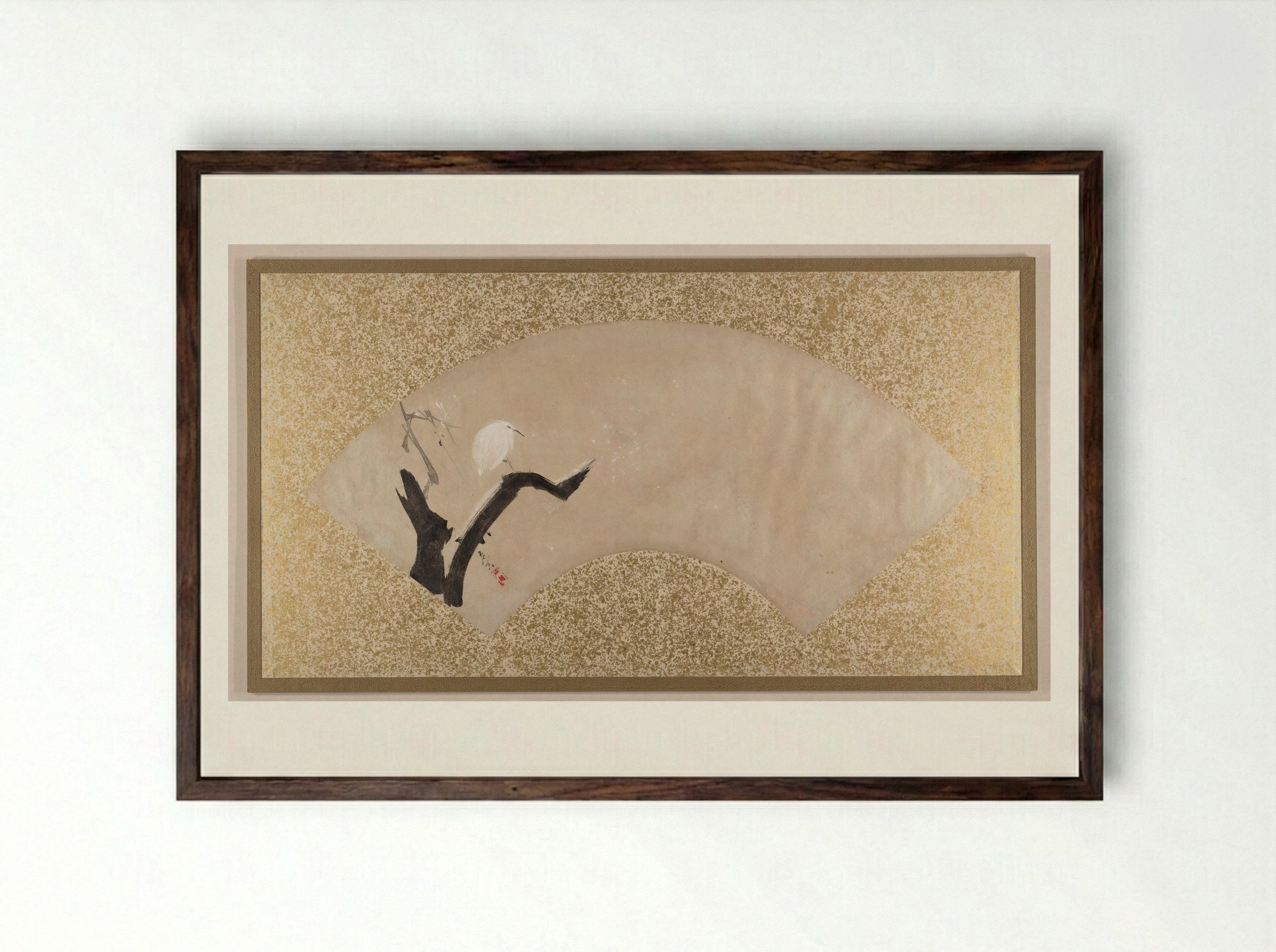 Egret on Tree Stump - Shibata Zeshin - Framed Print Dark Wood