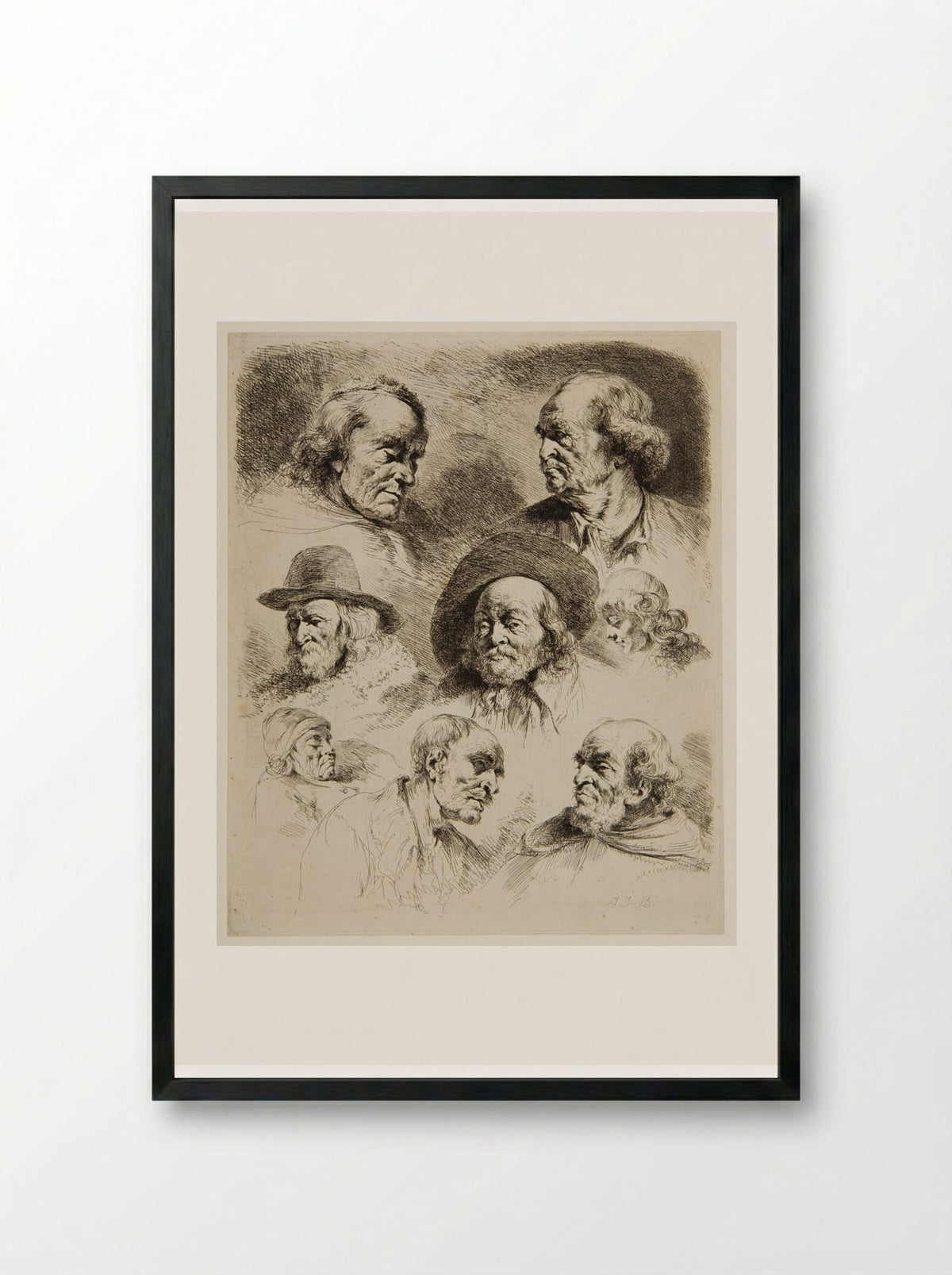 Eight Studies of Heads - Jean-Jacques de Boissieu - Framed Print Black