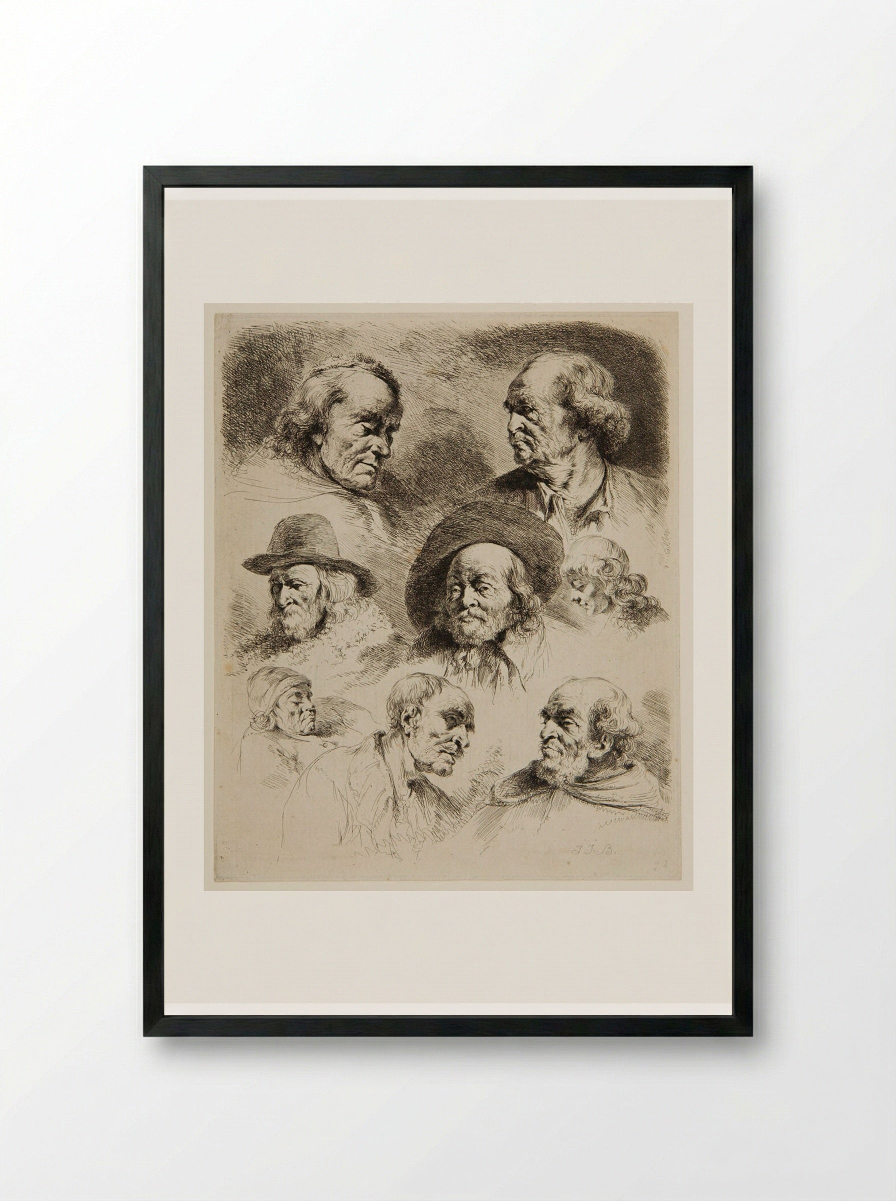 Eight Studies of Heads - Jean-Jacques de Boissieu - Framed Print Black