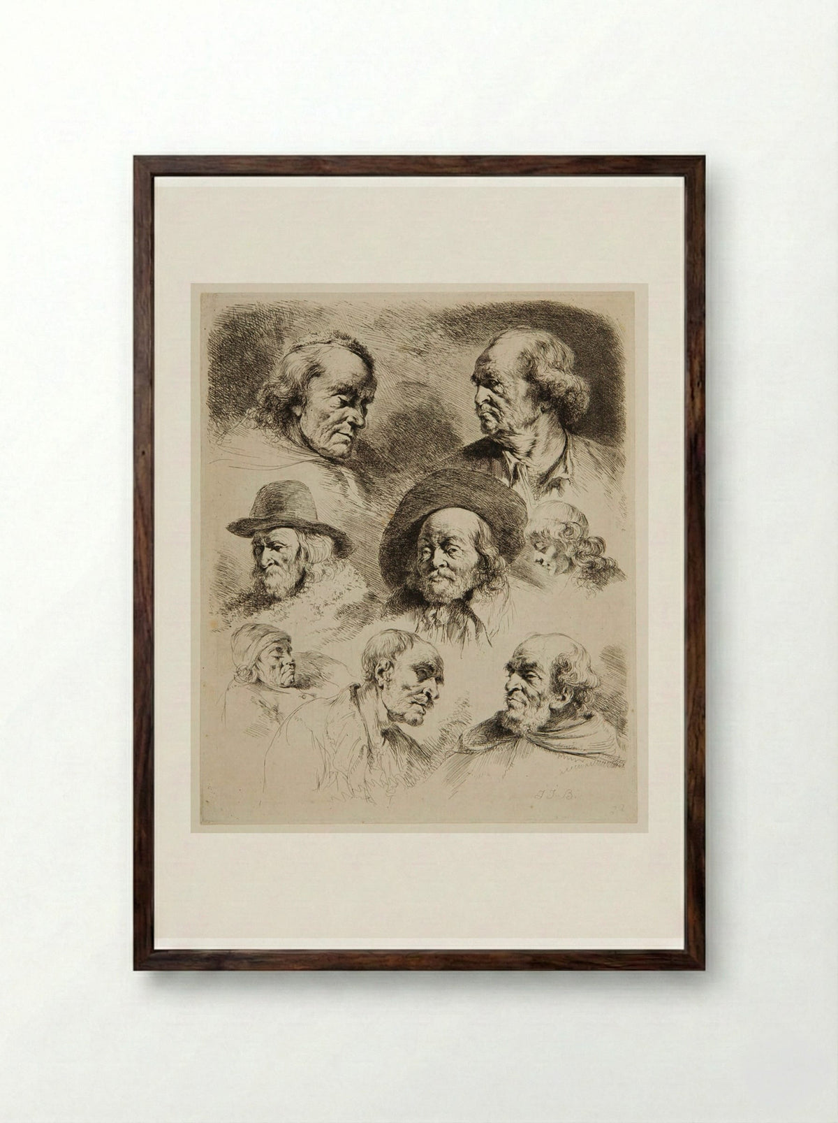 Eight Studies of Heads - Jean-Jacques de Boissieu - Framed Print Dark Wood