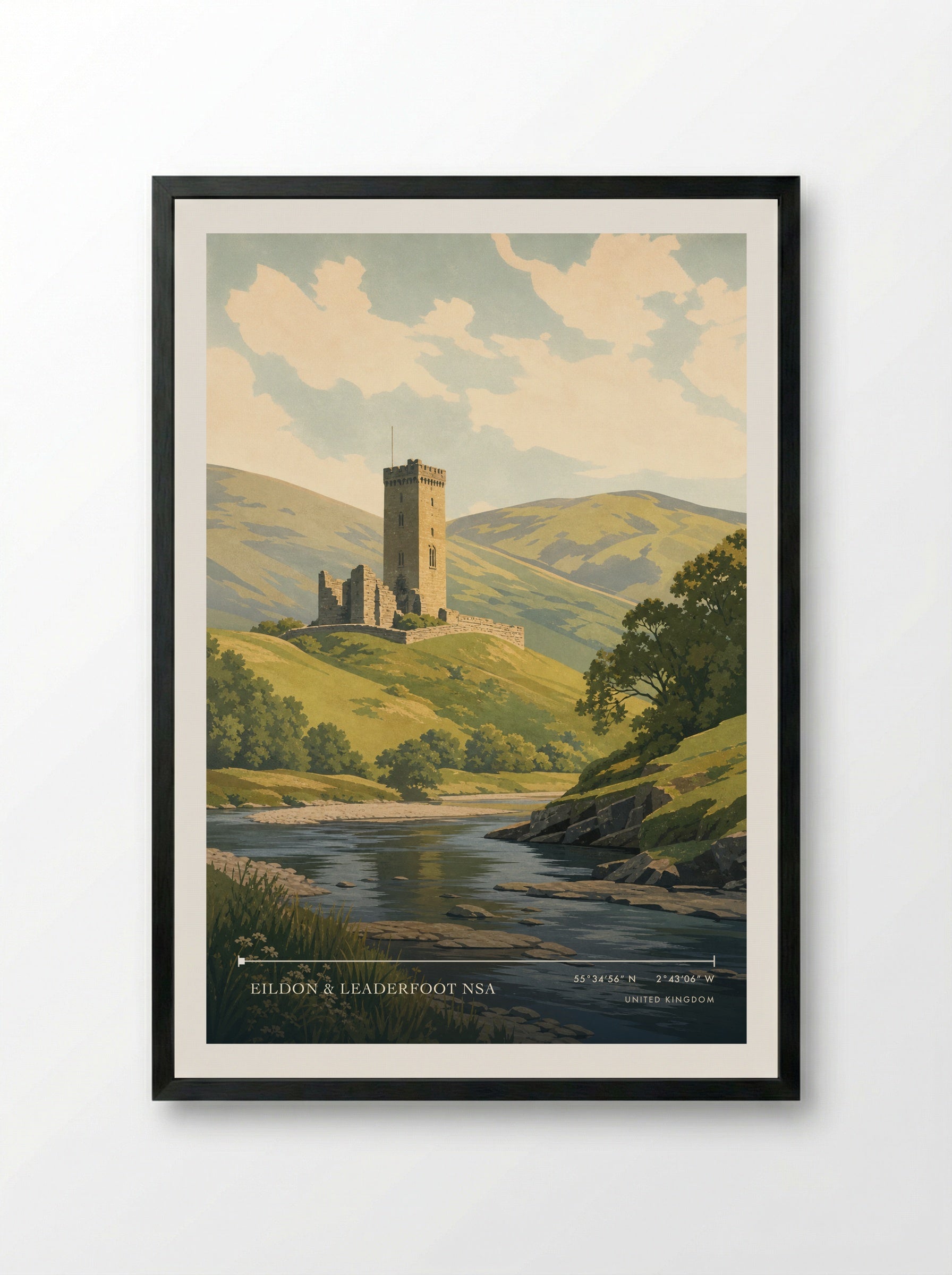 Eildon and Leaderfoot National Scenic Area United Kingdom Travel Poster - Framed Print Black
