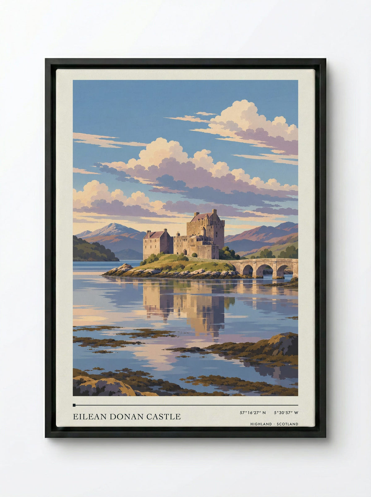 Eilean Donan Castle, Highland | Travel Poster - Framed Canvas Black