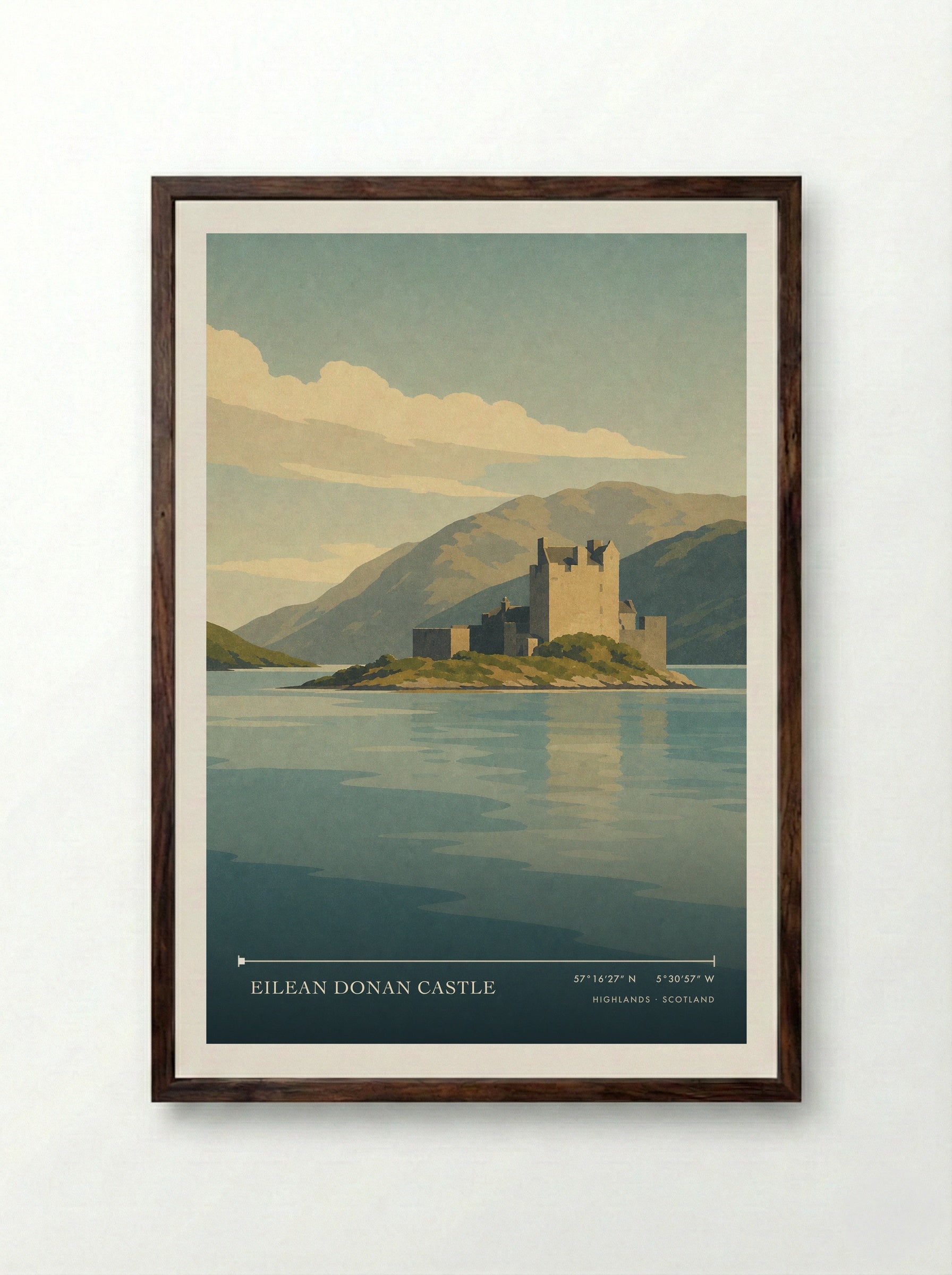 Eilean Donan Castle Travel Poster Artwork - Framed Print Dark Wood