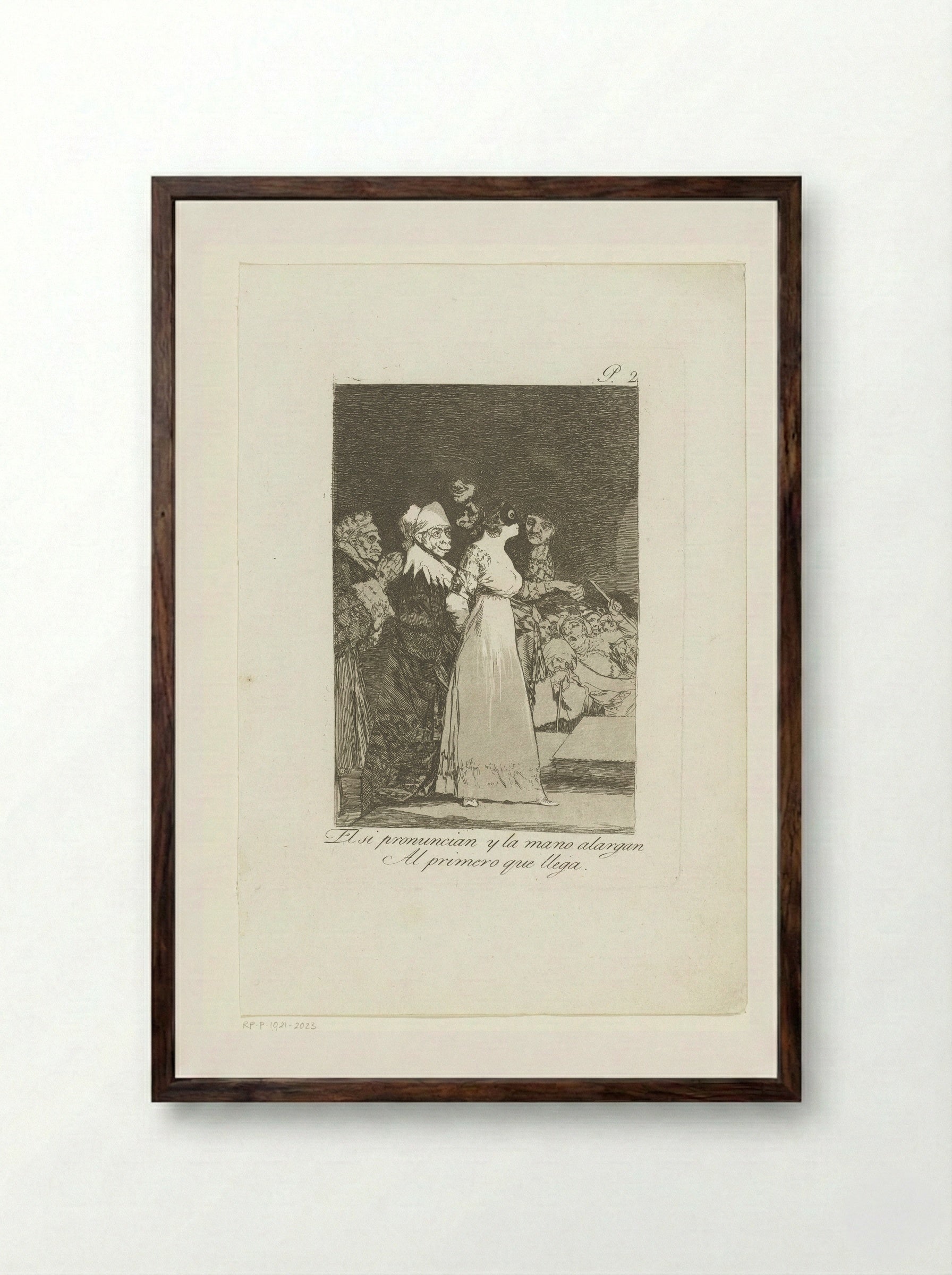 El sí pronuncian y la mano alargan al primero que llega - Francisco de Goya - Framed Print Dark Wood