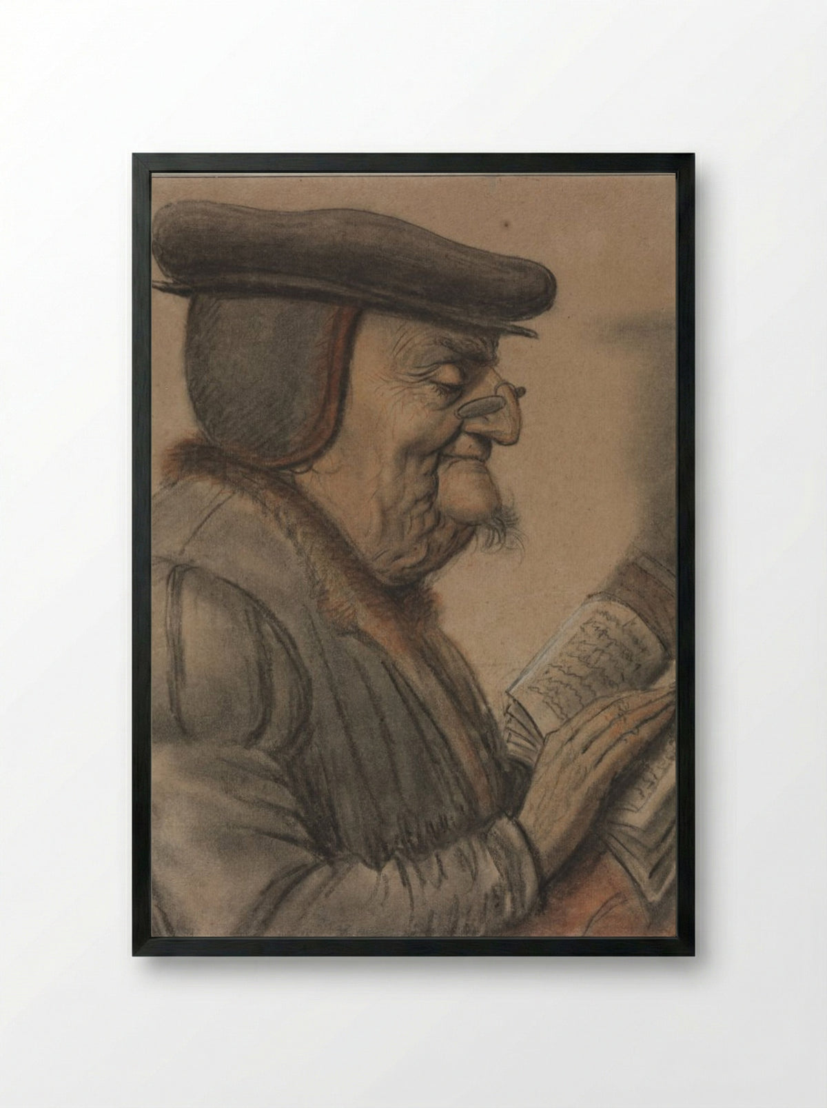 Elderly Man Reading a Book - Nicolas Lagneau - Framed Print Black