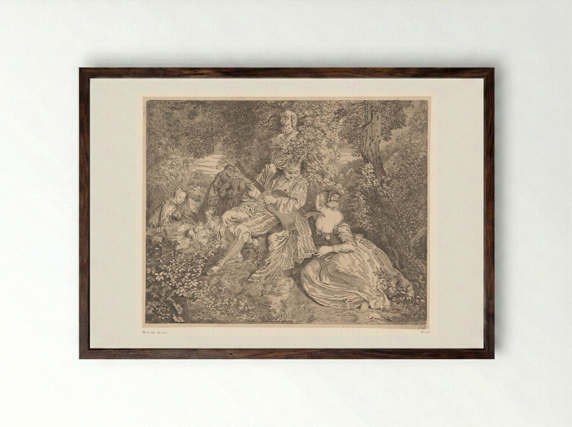 Elegant Company Making Music in a Garden - Jacques-Philippe Le Bas - Framed Print Dark Wood