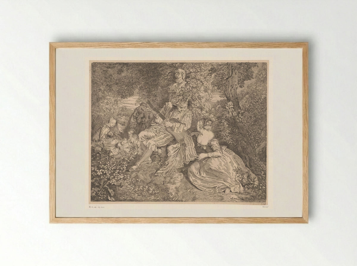 Elegant Company Making Music in a Garden - Jacques-Philippe Le Bas - Framed Print Wood