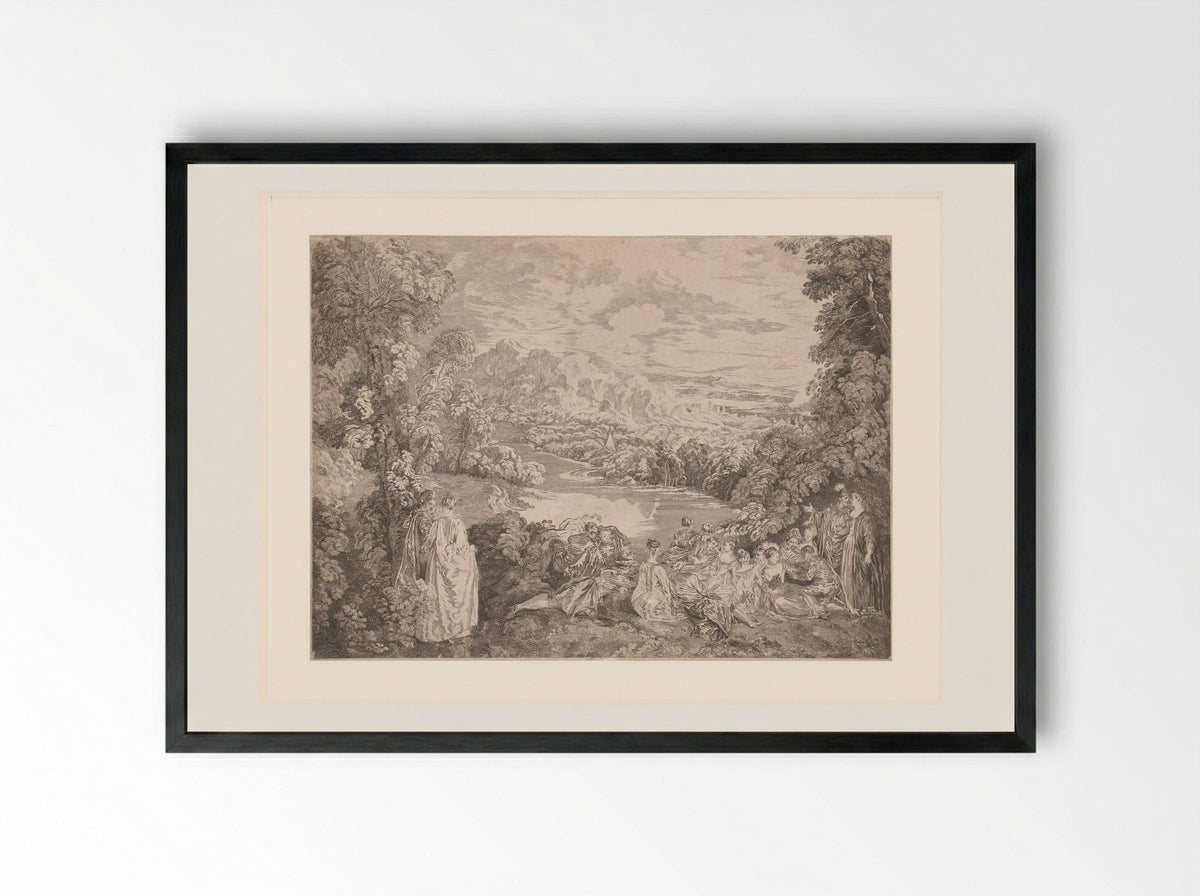 Elegant Company in a Landscape - Jacques-Philippe Le Bas - Framed Print Black
